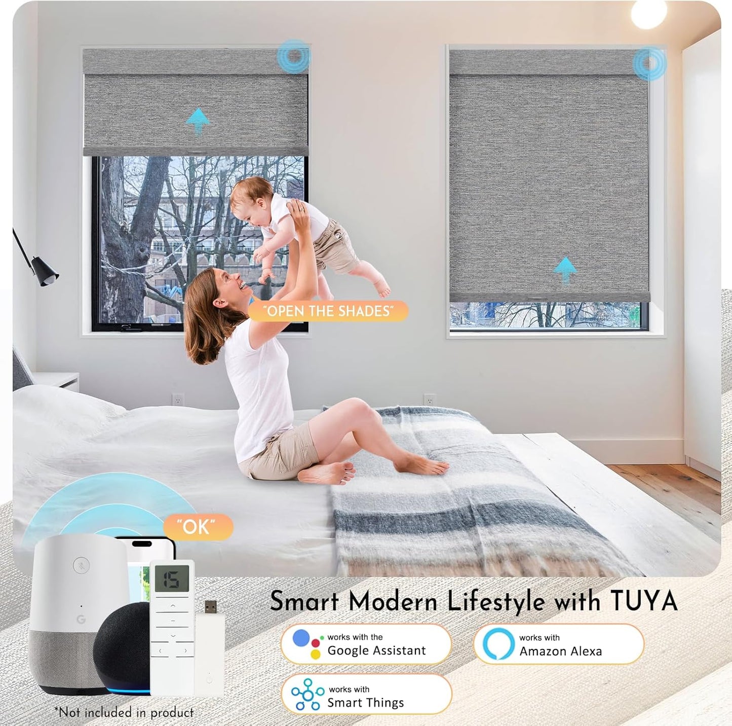 Persilux Smart Motorized Blinds with Remote, No Drill Automatic Roller Shades for Indoor Windows, Blackout Linen Fabric, Electric Blinds for Windows, Linen Grey C156BO-5, Custom Size