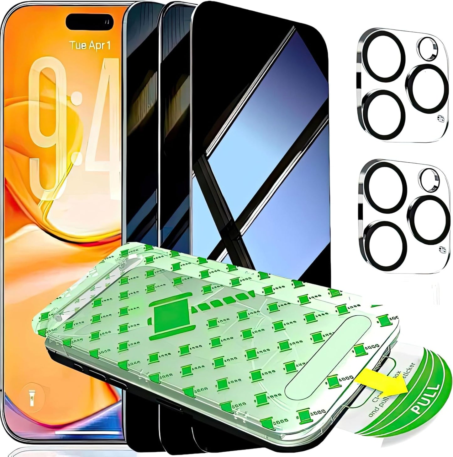 3 Pack for iPhone 16 Pro Max Privacy Screen Protector + 2 Camera Lens Protector 9H+ Tempered Full cover Glass 12FT Military Grade Shatterproof Anti Spy Auto Alignment Kit