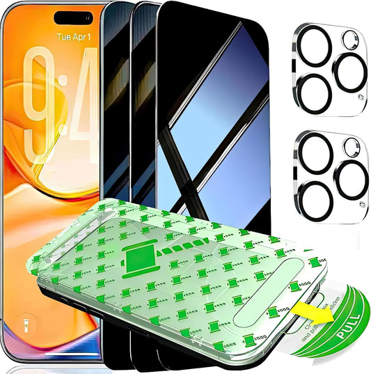 3 Pack for iPhone 16 Pro Privacy Screen Protector + 2 Camera Lens Protector 9H+ Tempered Full cover Glass 12FT Military Grade Shatterproof 100% Anti Spy Auto Alignment Kit