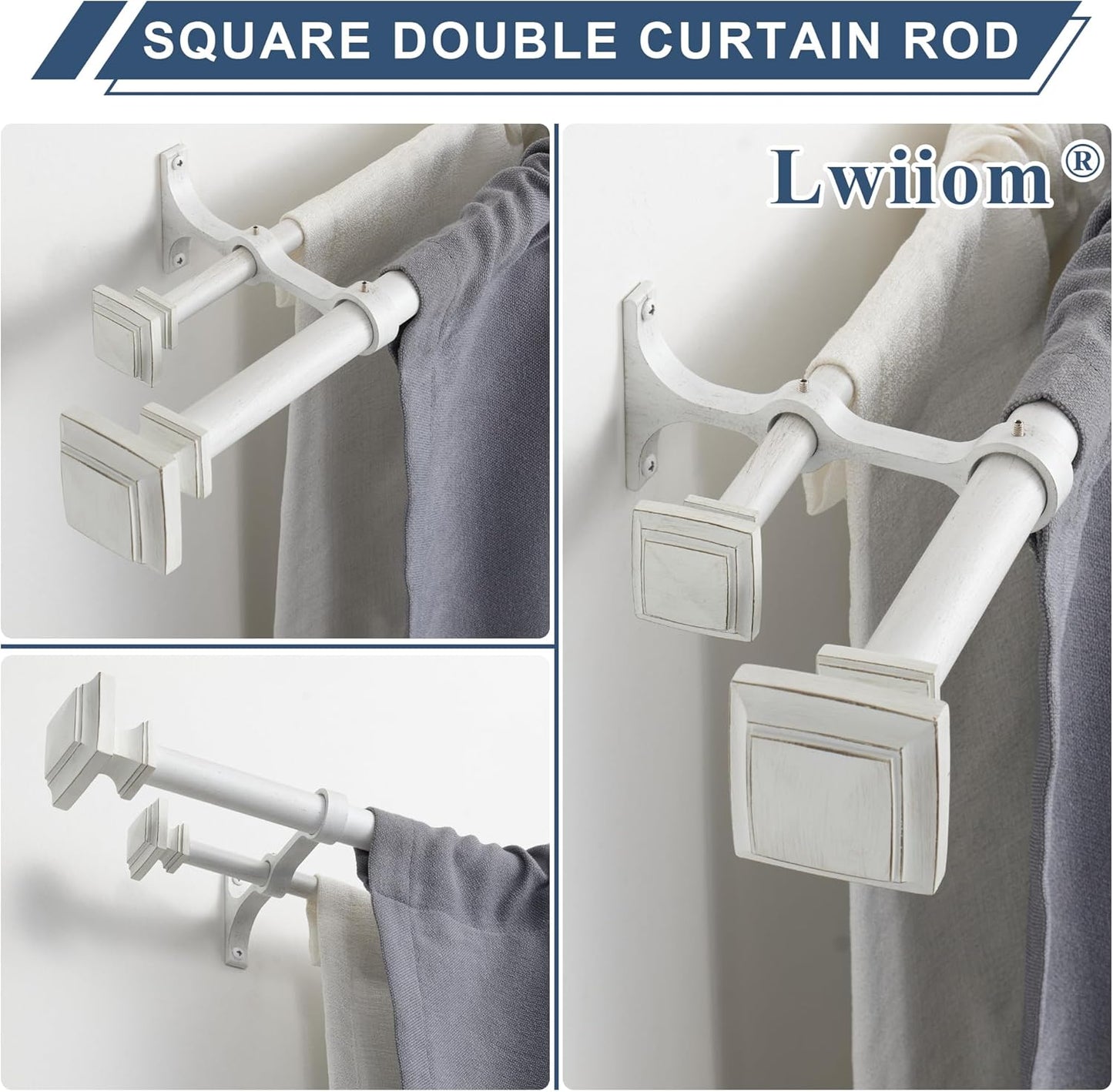 Double Wood Curtain Rods for Windows 36 to 72 Inches,1 Inch Decorative Wooden Curtain Rod with Square Imitation Wood Grain Finials and Double Aluminum Bouquet Bracket, Antique White
