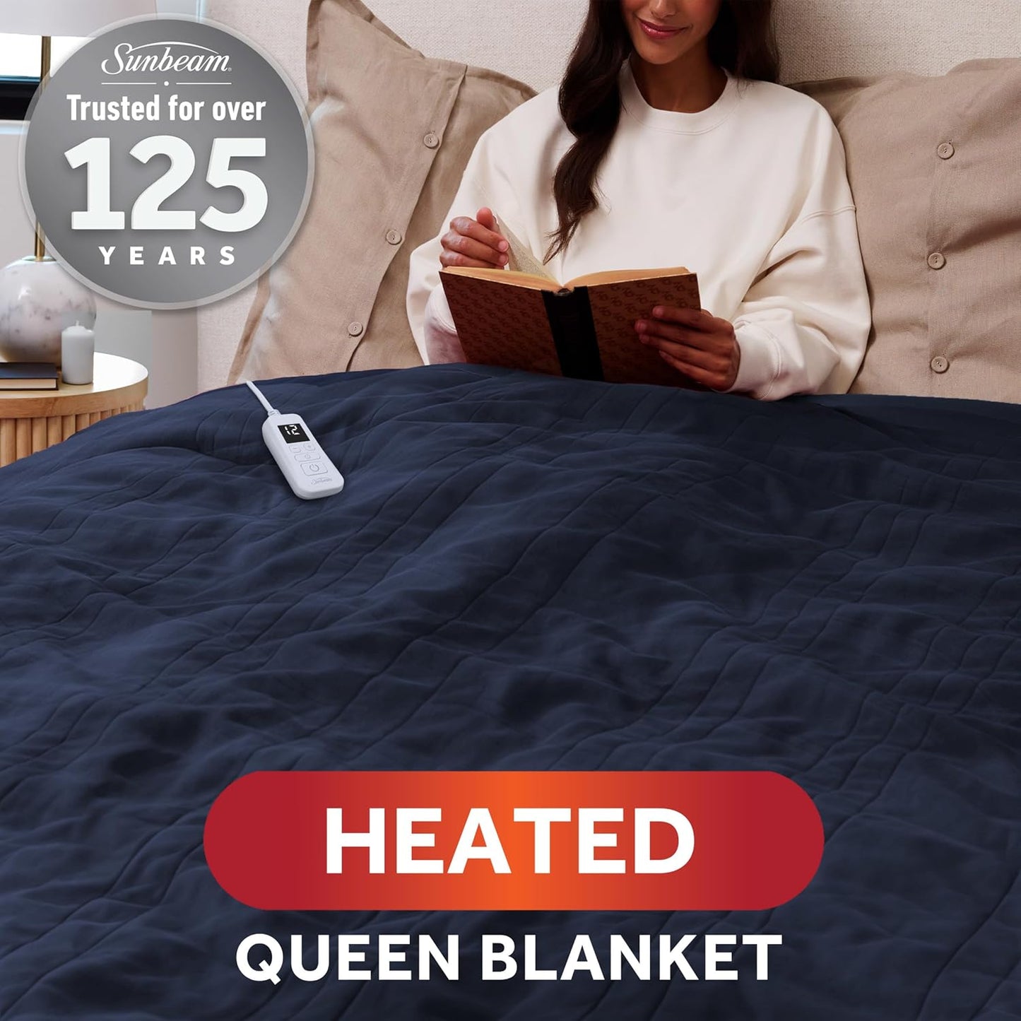 Sunbeam Royal Ultra Fleece Heated Electric Blanket Queen Size, 90" x 84", 12 Heat Settings, 12-Hour Selectable Auto Shut-Off, Fast Heating, Machine Washable, Warm and Cozy, Indigo