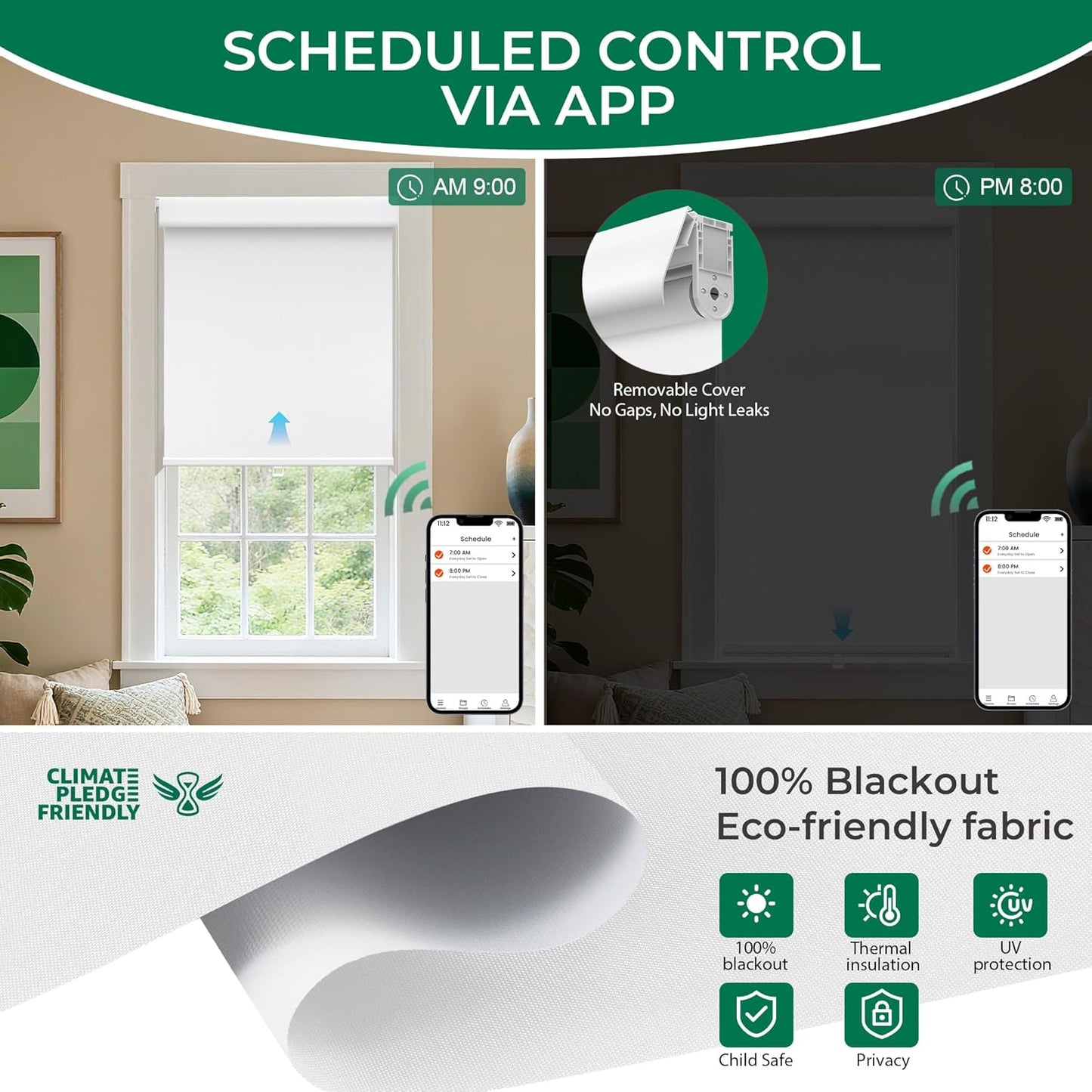 Allesin No Drill Motorized Roller Blinds – Rechargeable Electic Blackout Shades with Cassette Cover, Utral-Quiet Motor, Automatic Blind with Remote for Indoor Windows (White, 32" W x 72" H)