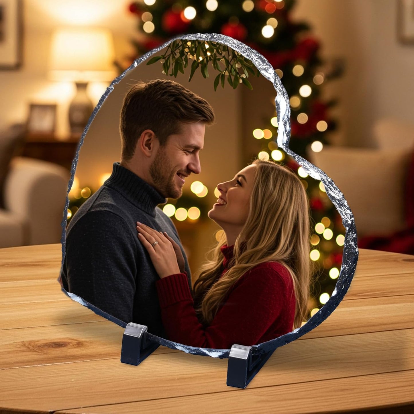ArtPix 3D Christmas Personalized Slate Plate, Customized Xmas Photo Print Stone, Custom Picture Gift for Wife, Women, Family, Her, Him, Rock Slate Plaque Frame (Large - Heart Shape)