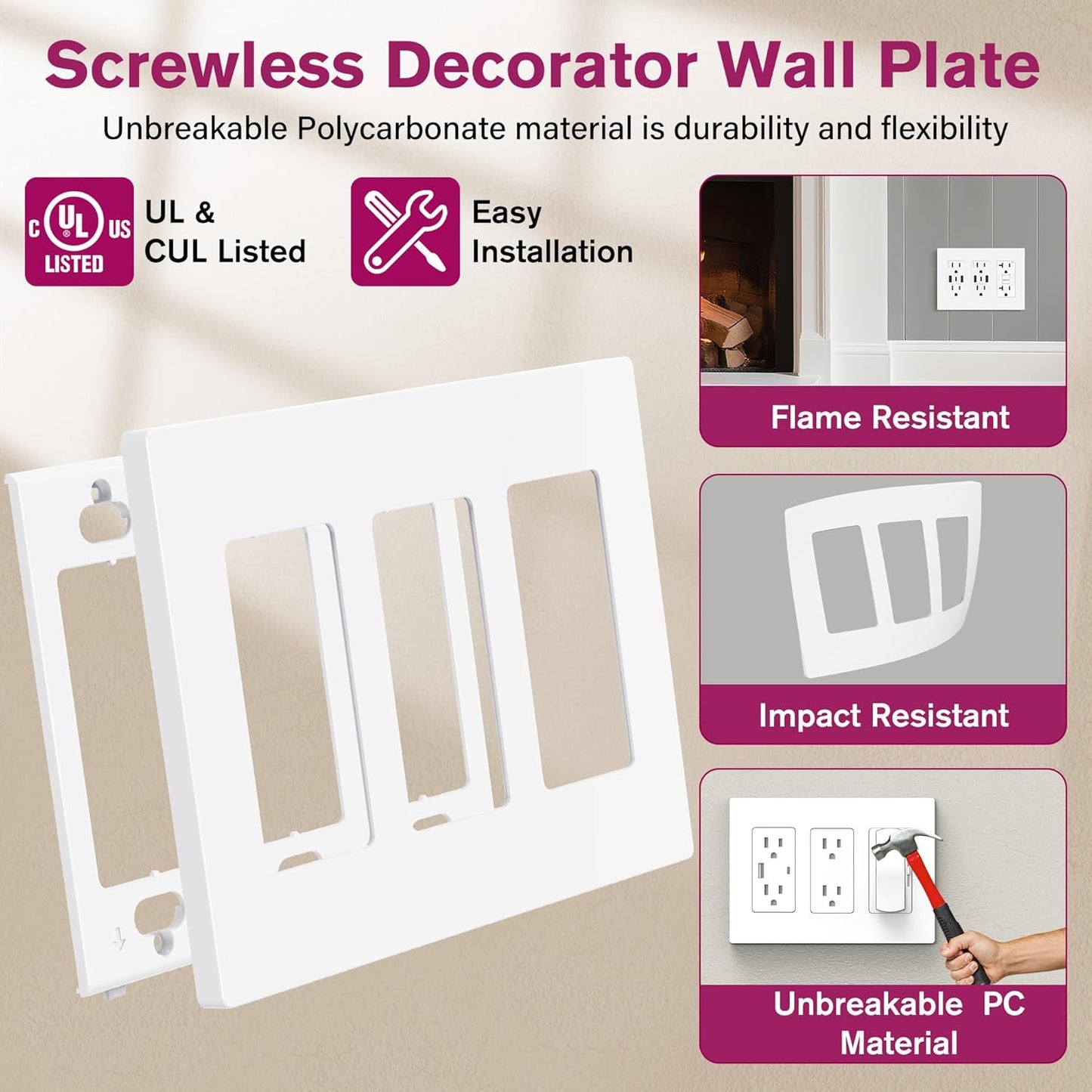EMITEVER 3-Gang Screwless Decorator Wall Plate Cover for Receptacle Outlet & Light Switch, Standard Size 4.53"H x 6.38"W, Unbreakable Thermoplastic Faceplate, UL Listed, Matte White 1-Pack