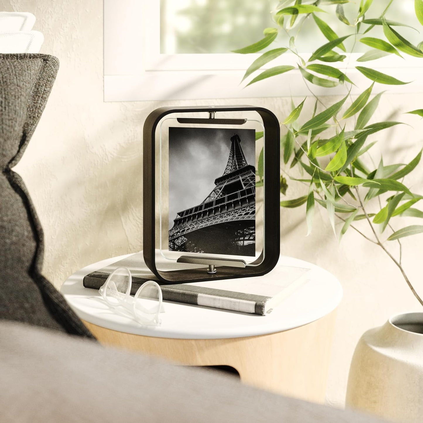 Umbra Bellwood 5x7 Desk Picture Frame with Bent Wood Trim and Two-Sided Rotating Display, Black