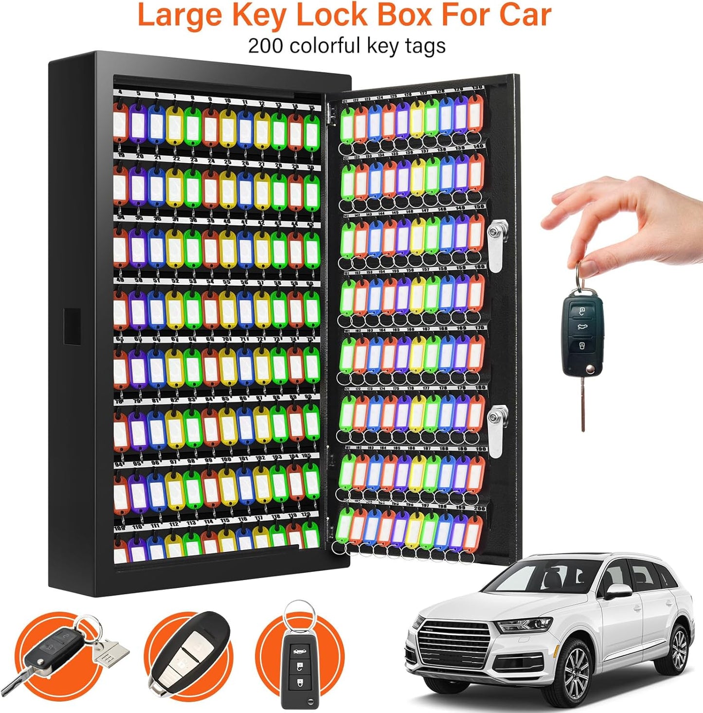 200 Keys Dual Lock Key Cabinet, Anti-Theft Key Lock Box with Key Tags, Adjustable Key Organizer Wall Safe for Car Office House Garage Rental Business