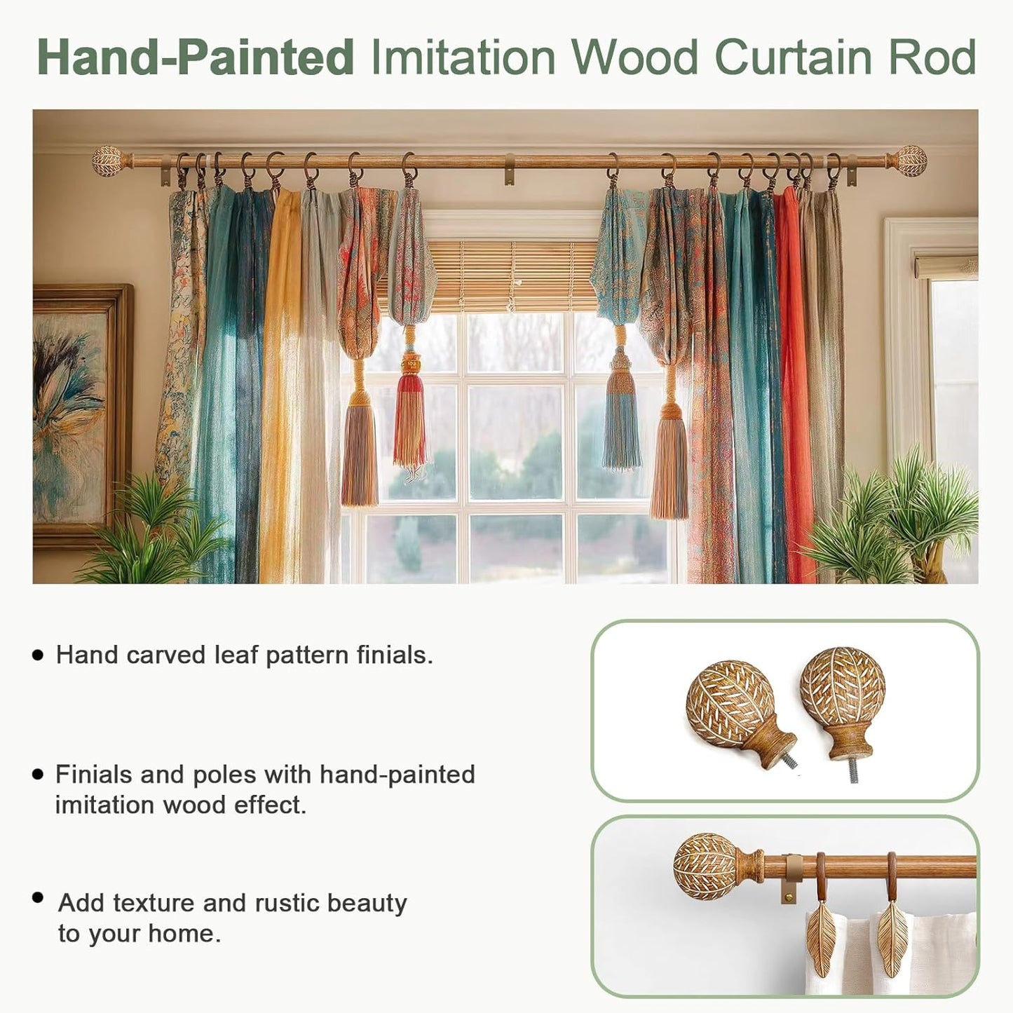 Imitation Wood Grain Ball Curtain Rods for Windows 48 to 84 Inch,1 Inch Heavy Duty Adjustable Wood Curtain Rod,Decorative Drapery Rods Set with Brackets,Size:36''-88''