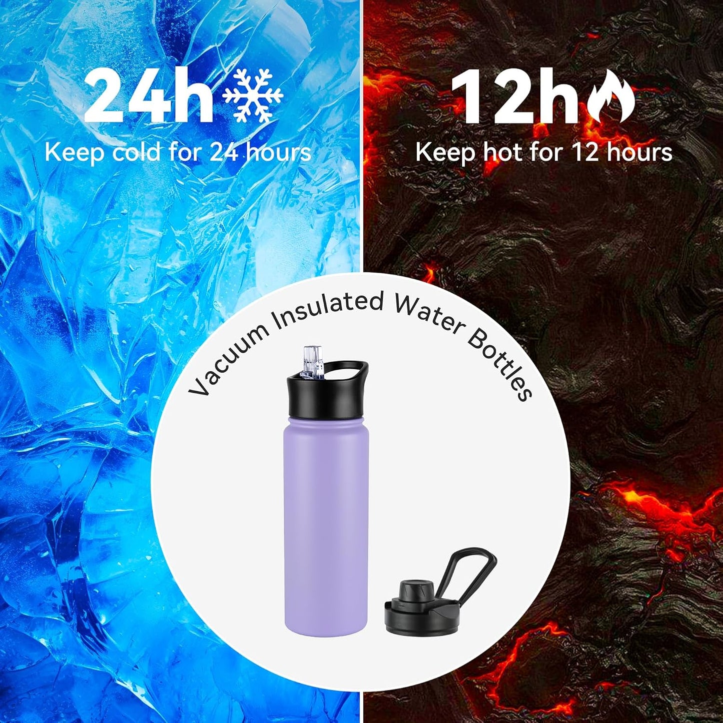 VEGOND 24oz Insulated Water Bottle with Straw Lid, Stainless Steel Metal Water Bottle with Straw & Wide Mouth Lid, Double Wall Vacuum Water Bottle for Hiking Camping, Lavender 8 Pack