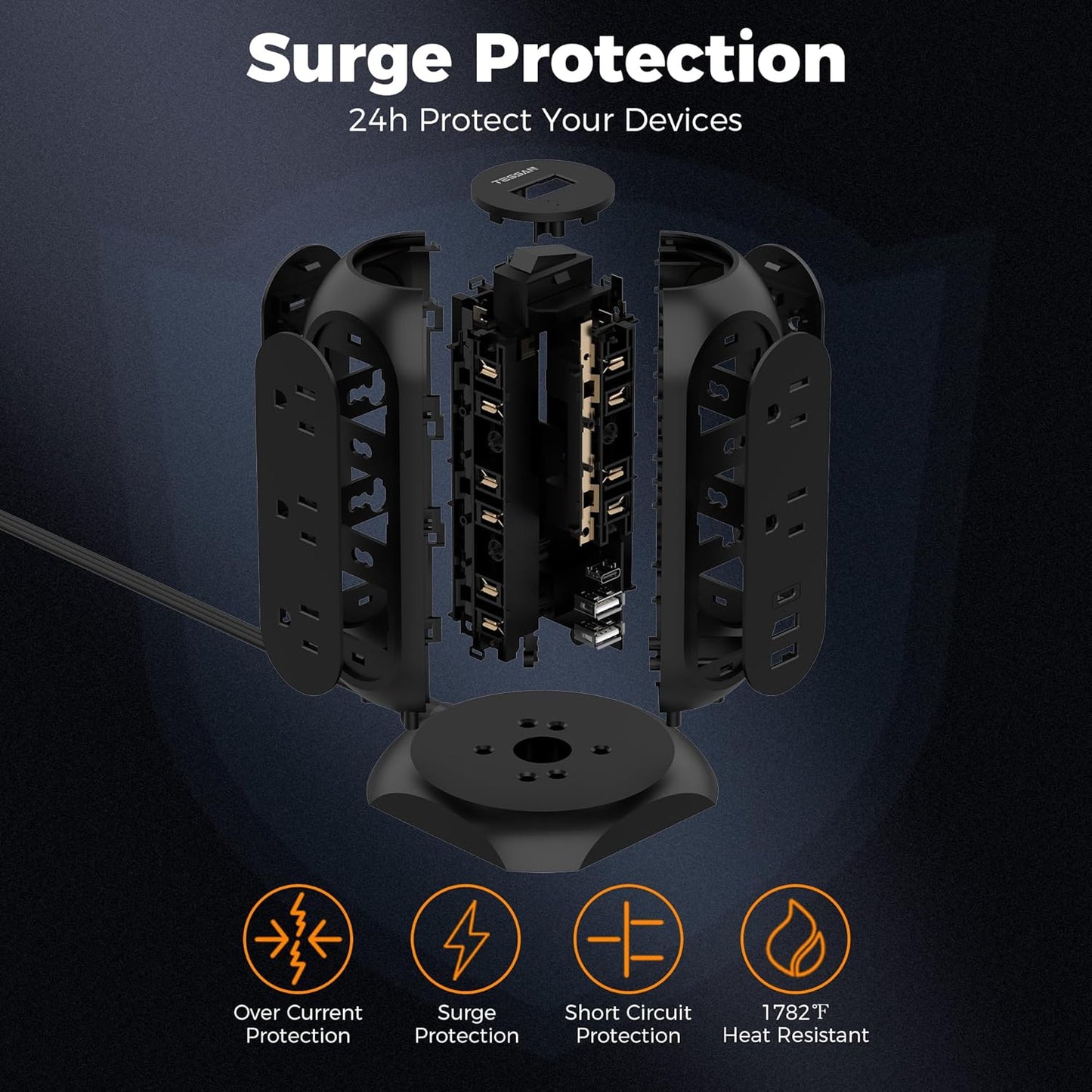 TESSAN Surge Protector Power Strip Tower with 3 USB Ports 11 Outlets, 1625W/13A, Black Extension Cord 6 Feet, 1050J Protection Desktop Charging Station for Office School Dorm Room Essentials