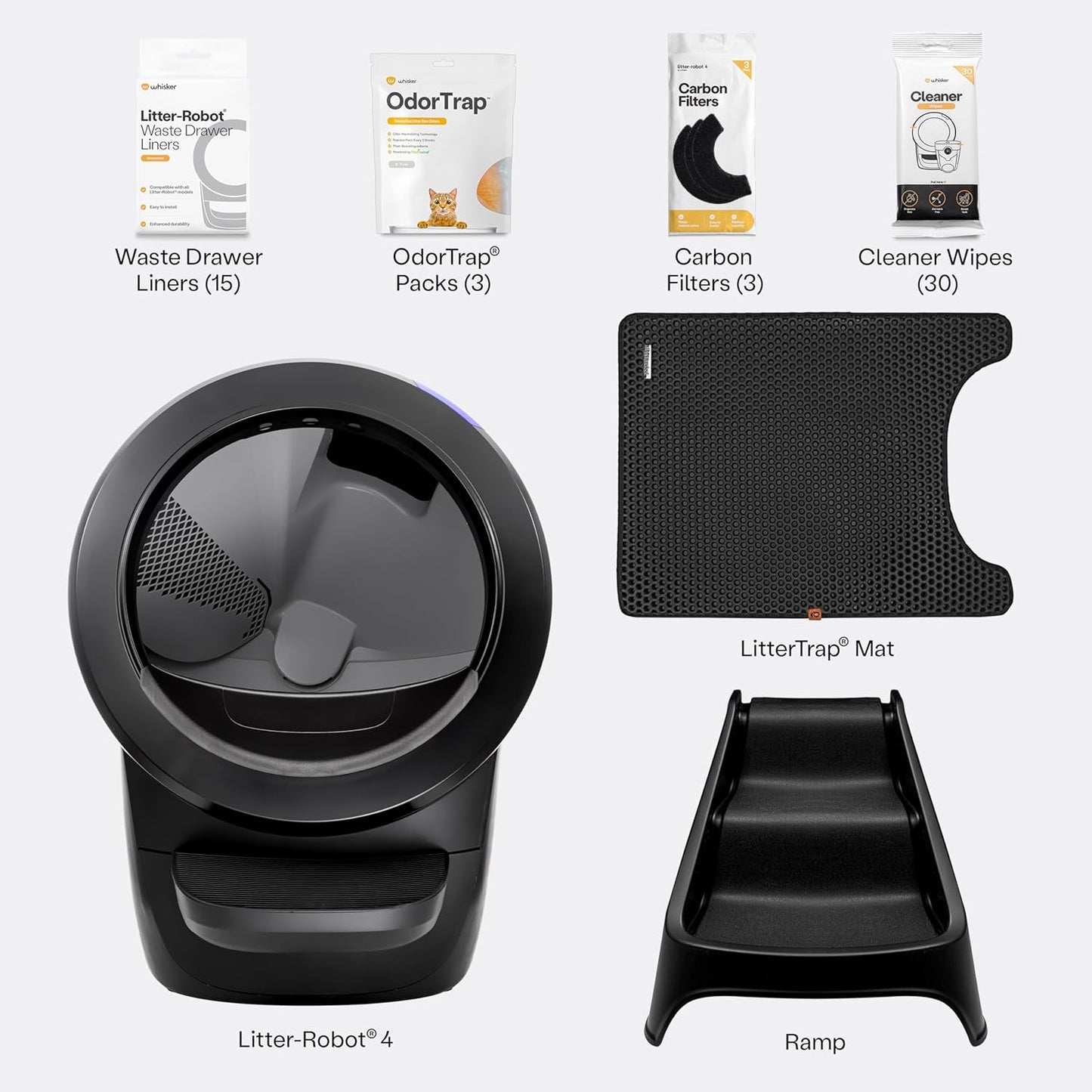 Litter-Robot 4 Supply & Accessory Bundle by Whisker, Black- Automatic Self-Cleaning Cat Litter Box, Includes Litter-Robot 4, Ramp, Mat, 3 OdorTrap Packs, 10 Liners, 30 Wipes, & 2 Carbon Filters