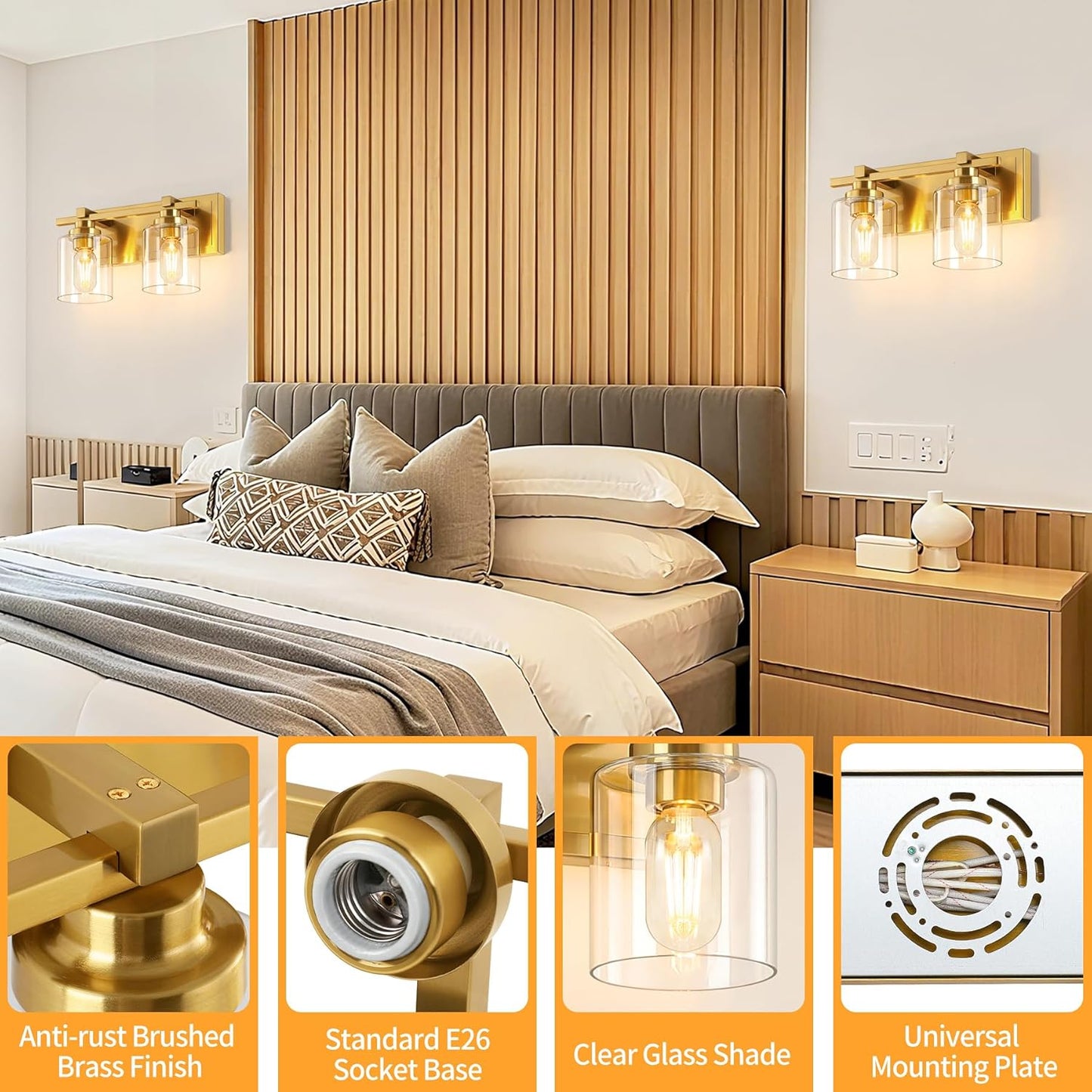 2 Light Modern Bathroom Light Fixtures Over Mirror, Brass Finish Vanity Lights for Bathroom Wall Sconces with Clear Glass Shades, E26 Socket (Bulbs Not Included)