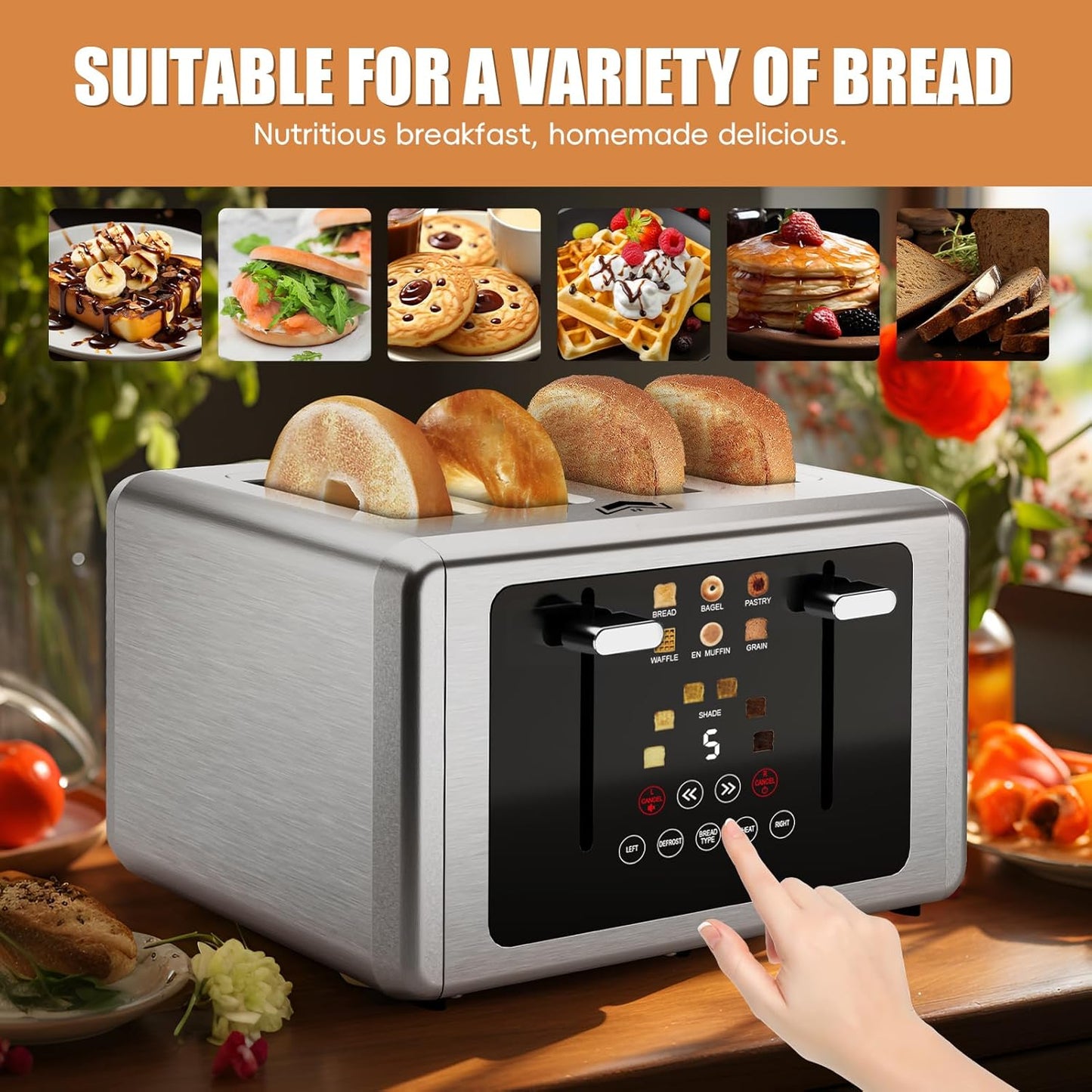 4 Slice Toaster, Touchscreen & Dual Independent Control Panel，5 Basic Functions & Digital Countdown Toasters, 6 Shade Settings＆6 Bread Types, Smart Bread Maker Mute/Screen-Off,Stainless steel