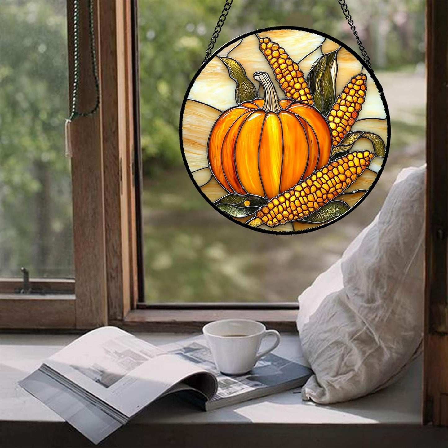 Stained Glass Window Hanging Autumn Harvest Pumpkin Corn 9.8" - Suncatcher Door Garden Kitchen Sunroom Sun Catcher Fall Home Decor Birthday for Mom Grandma Men Woman
