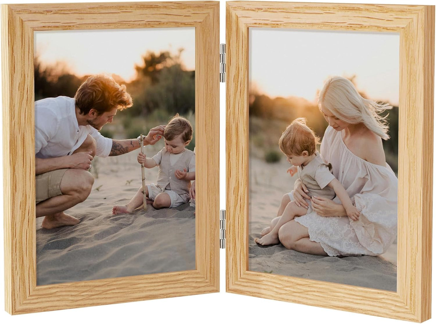 Axeman 5x7 Double Picture Frame - Solid Oak Wood Vertical Hinged 5x7 Photo Frame 2 Opening Folding Family Frames Collage With Real Glass for Tabletop Display, Hanging Hardware Included | Natural