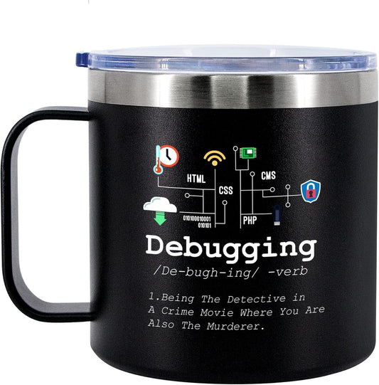 Panvola Debugging Definition Computer Programmer Student Teacher Geek Coder Tech Support Programming IT Insulated Coffee Mug with Handle and Lid Camping Travel Thermal Mugs 14 oz Black
