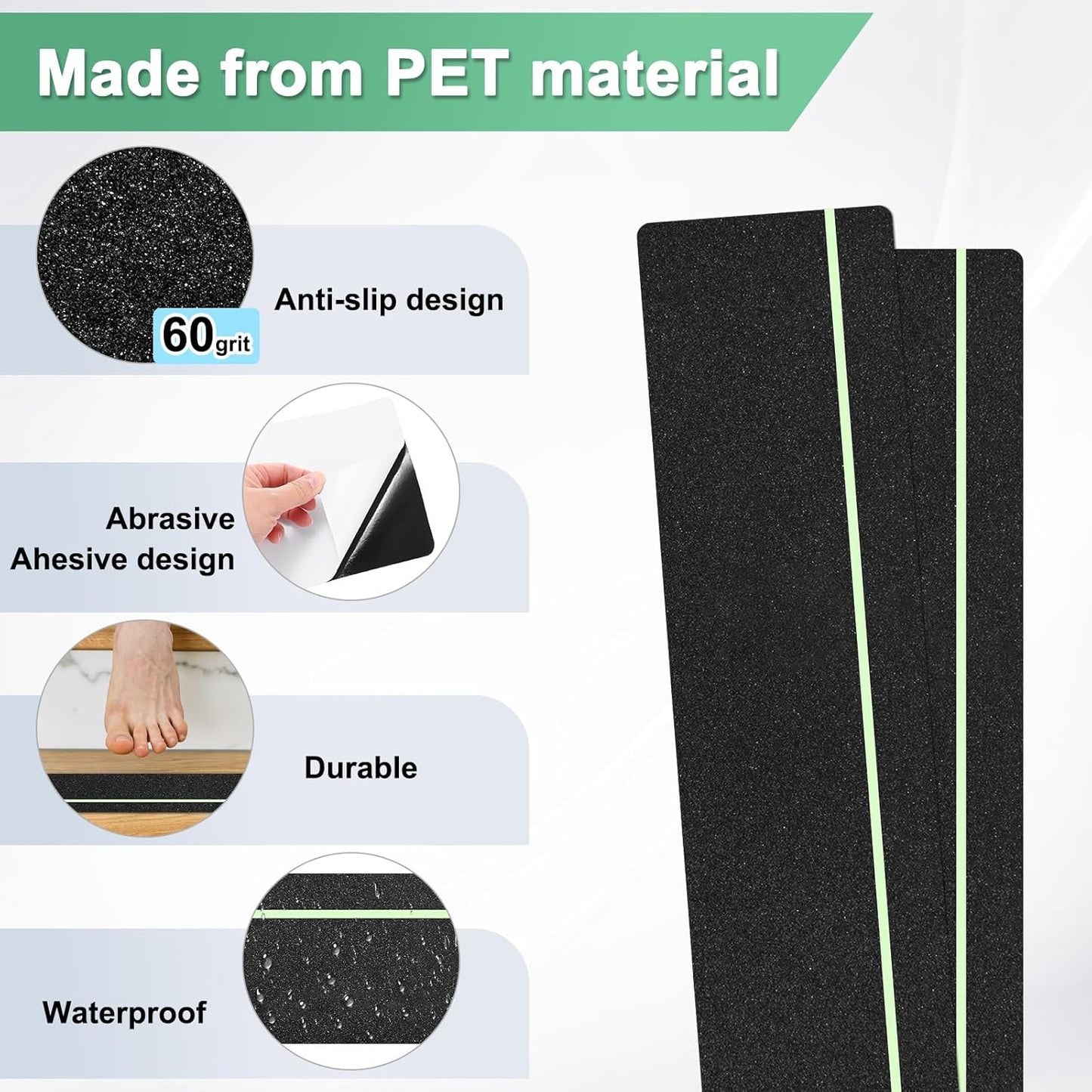 5-Pack Anti Slip Traction Tape 24" x 6" Best Grip Tape Grit with 6mm/0.24" Glow in Dark Stripe High Traction Friction Abrasive Adhesive for Indoor/Outdoor Stairs[Black+Green]