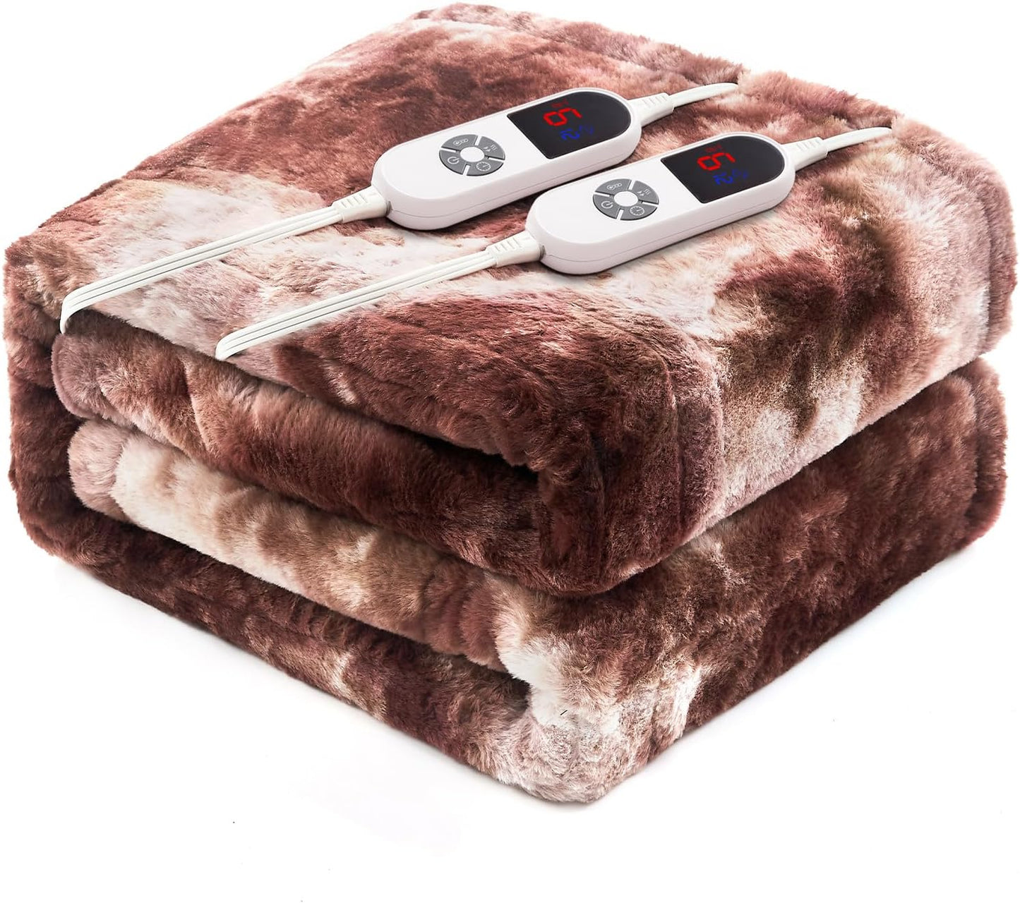 Electric Heated Blanket 90"x100",Luxury White Coffee Faux Rabbit Fur Electric King Blanket,Fast Heating Soft Fluffy Thick Electric Blanket with 6 Heating Levels & 12H Auto Off