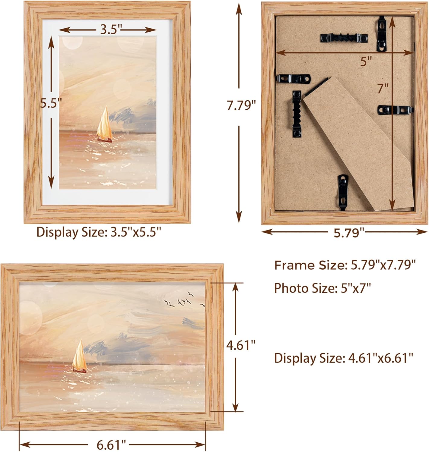 5x7 Picture Frame, Solid Oak Wood 5 x 7 Frame with Plexiglass, 5 by 7 Photo Frame for Wall & Tabletop Display, 5x7 Picture Frame Matted to 4x6, Natural Oak Color, 3 Pack