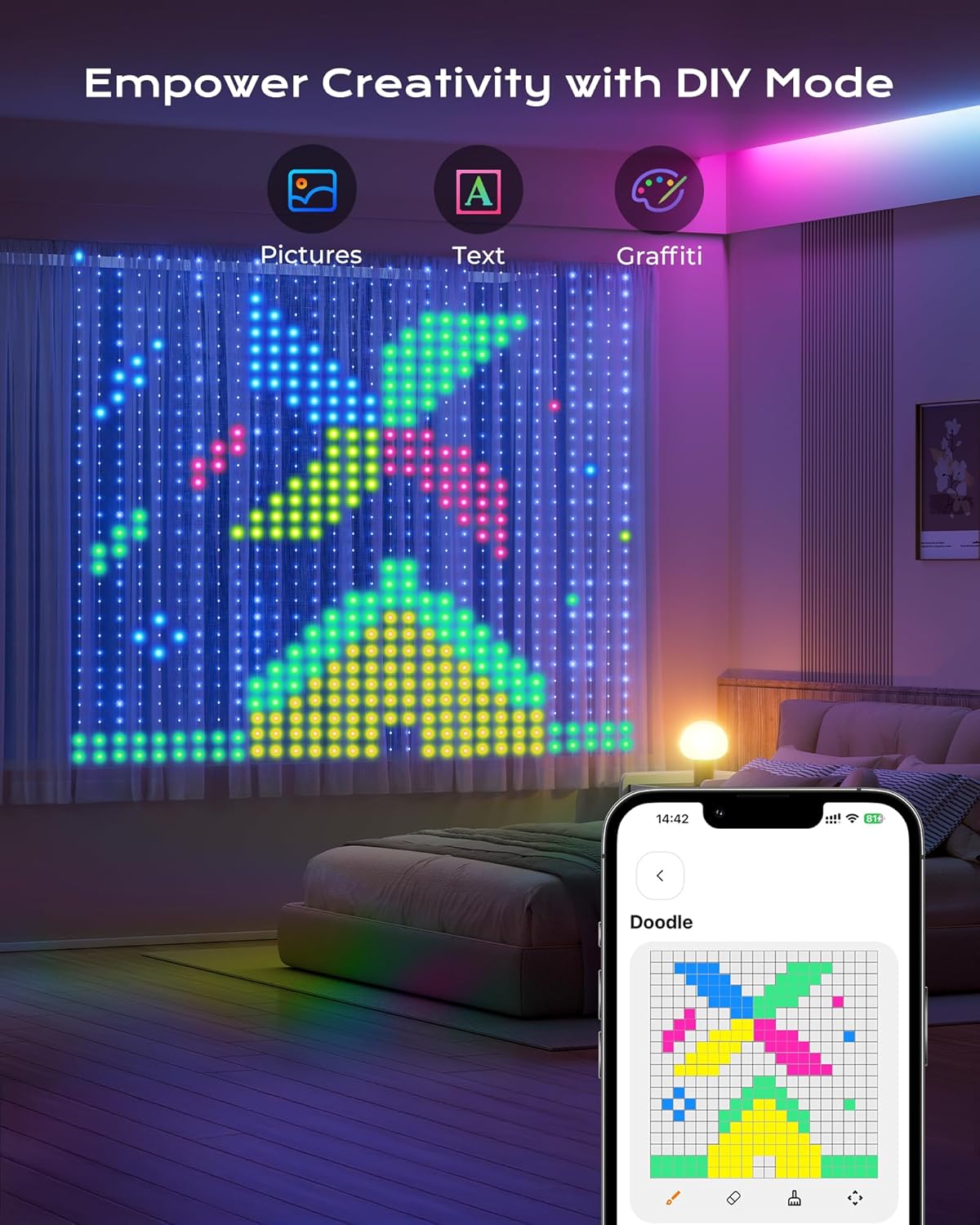 900 RGBIC LEDs Smart Curtain Lights with DIY GIF, 6.6x6.6ft Color Changing Christmas Wall Lights with APP, IP65 Waterproof String Fairy Lights for Indoor Outdoor Bedroom Window Garage