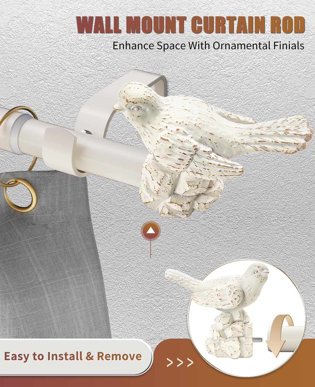 White Curtain Rod 36 to 72 Inches Curtain Rods for Windows Adjustable Heavy Duty Drapery Rod with Bird Finials for Kitchen Window Living Room