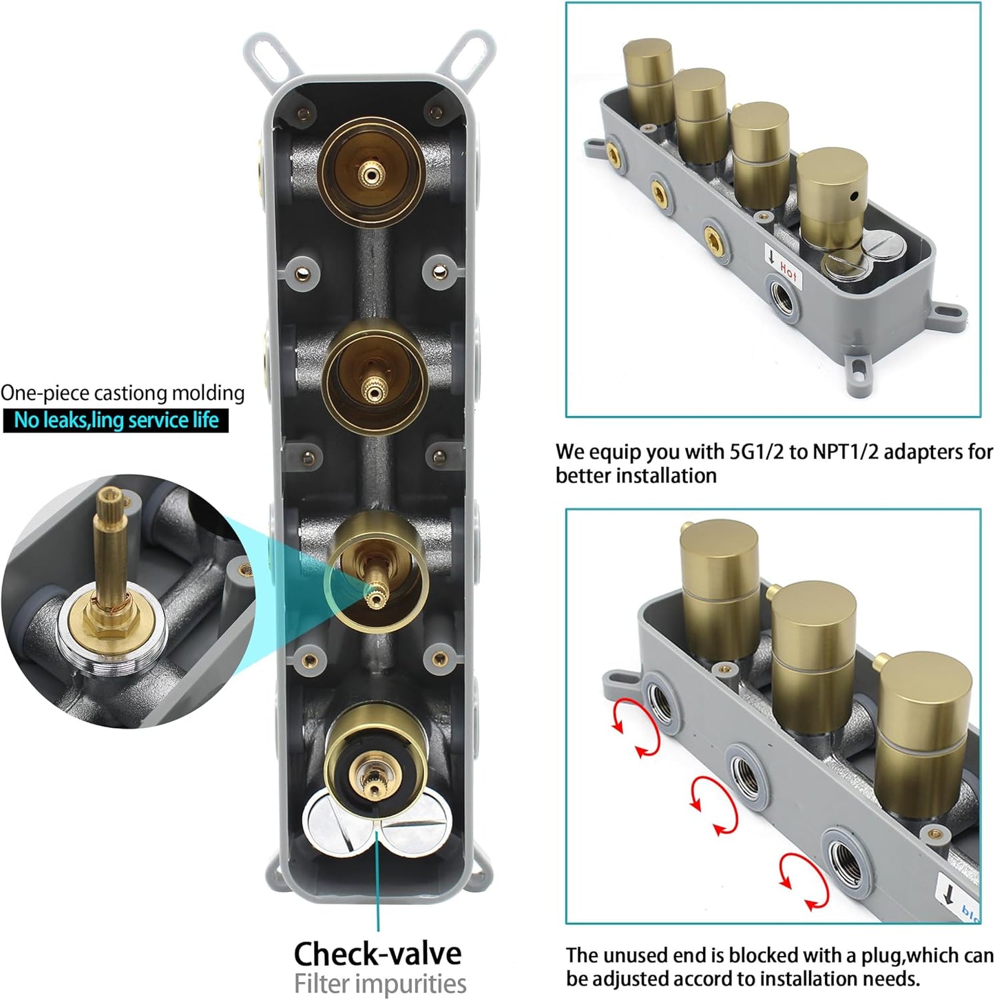 Thermostatic 3 Way Shower Diverter Valve, Modern Bathroom Concealed Brass Mixer Mixing Faucet Valve Kit Single Handle Control Flow Can Use At The Same Time, Brushed Gold