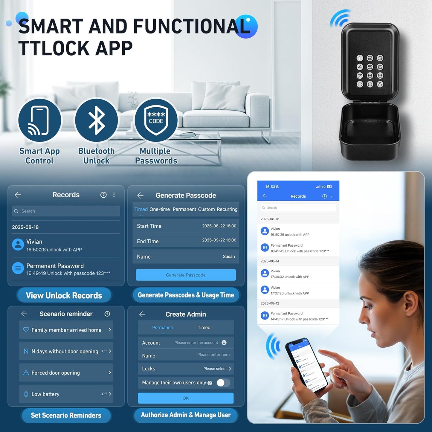 HUANLANG Smart Key Lock Box - Bluetooth Electronic Lock Box for Keys, Wall Mount Digital Key Storage with App Control & PIN Code Types, IP65 Waterproof lockbox for Home, Airbnb, Realtor and Office