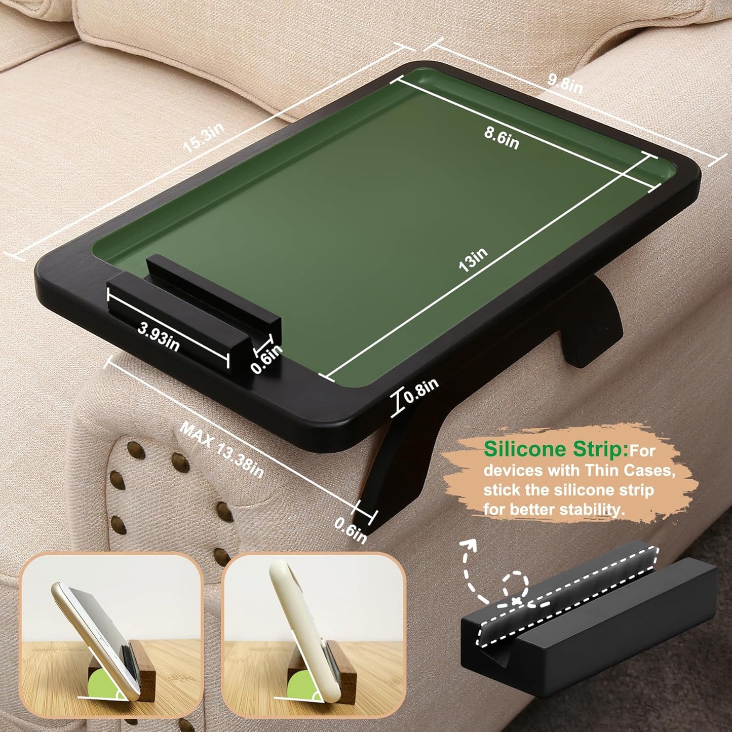 SINWANT Couch Arm Table, Bamboo Clip On Side Table Tray,Foldable Sofa Arm Tray with 360° Phone Holder for Eating Drinking Snacks Remote on Chair Armrest