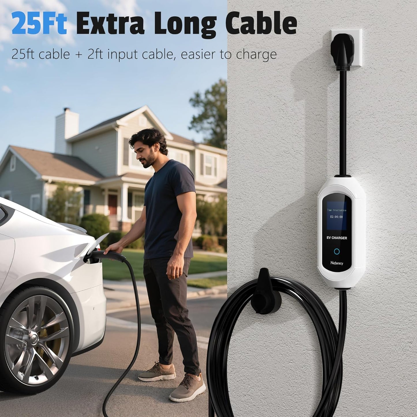 Level 2 Charger for with Tesla 40 Amp Without NACS Adapter, Portable EV Charger for with Tesla, Electric Car Chargers for Model Y/3/S/X, LCD Display & App Control(240V, NEMA14-50 Plug, 25+2FT Cable)