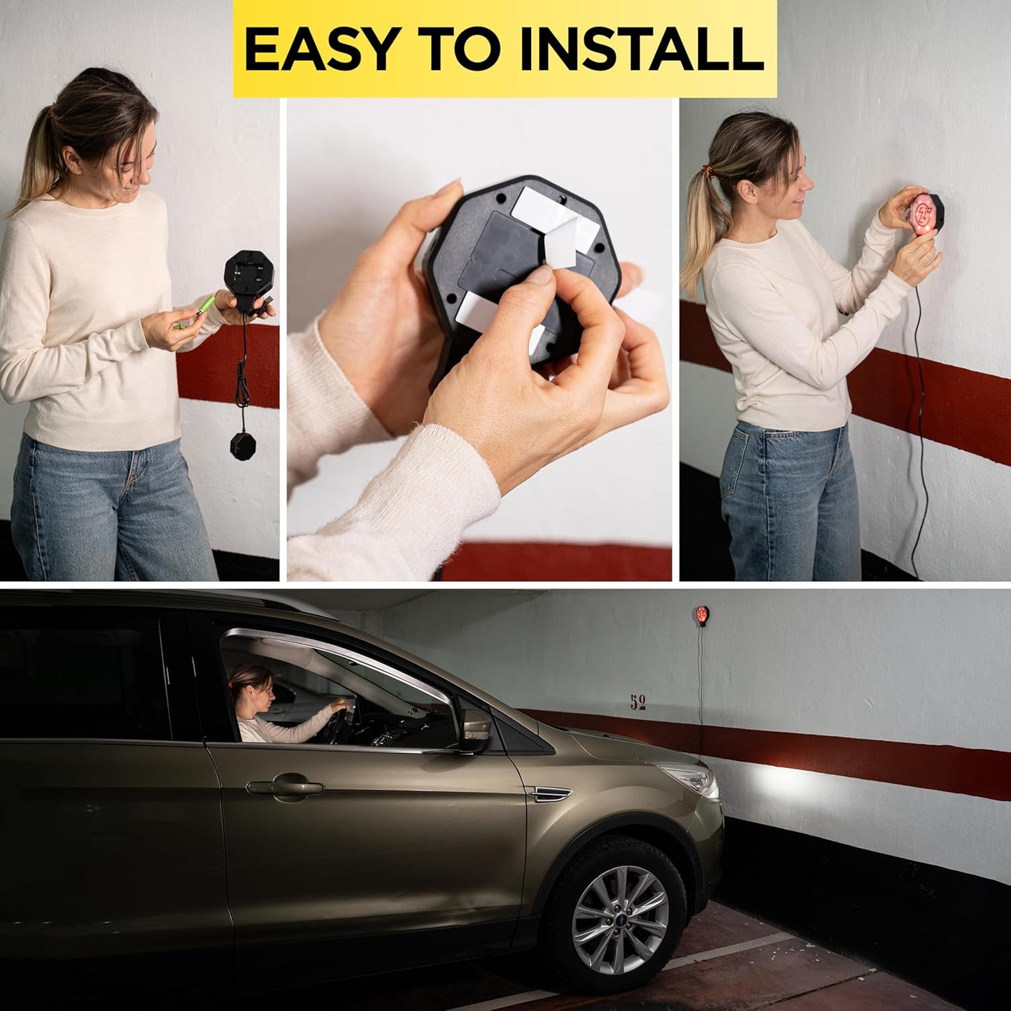 Garage Parking Sensor Ultrasonic Car parking Stopper for Garage with Red/Yellow/Green LED Indicators –Adjustable Stop Distance 12" to 6.5 ft Battery or USB Powered Easy Install Wall-Mount 4-Pack