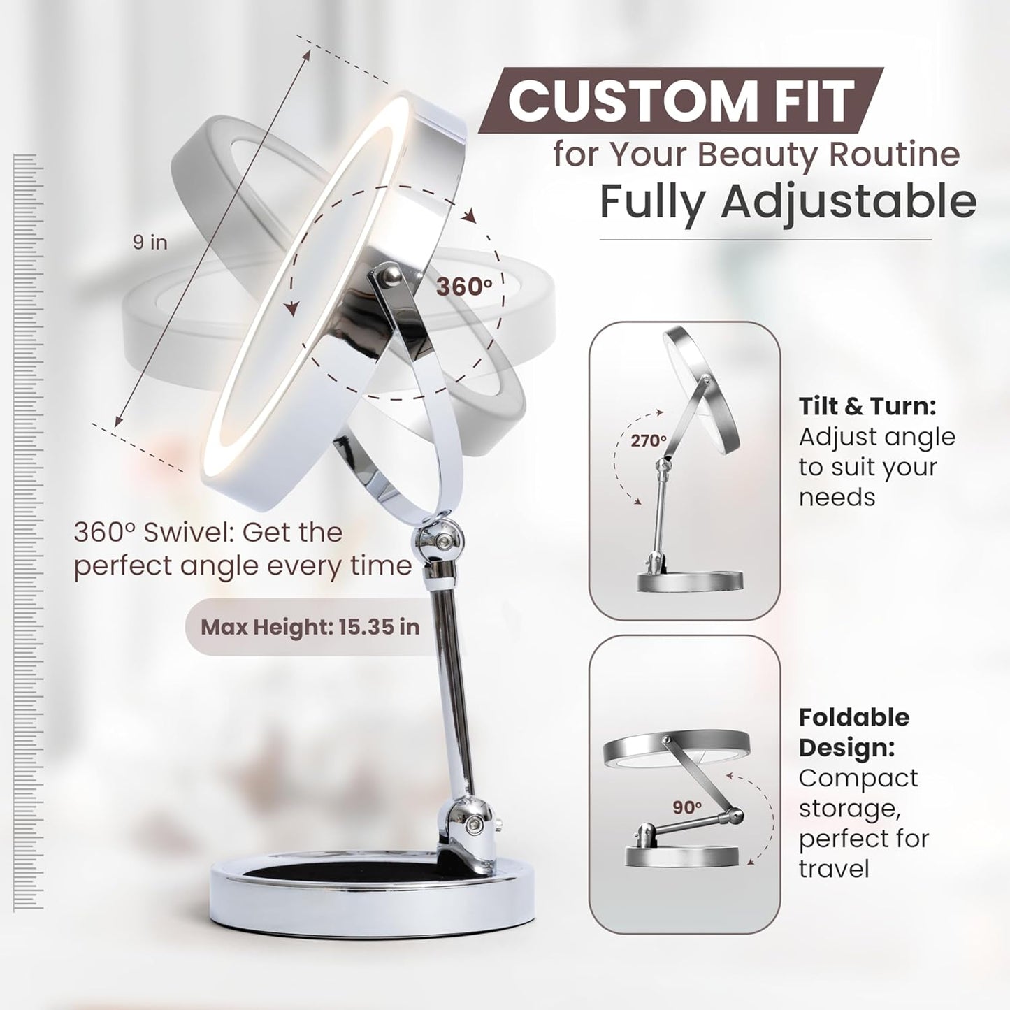 Smart 9" LED Light Makeup Mirror, Rechargeable, 1X/10X Magnifying Vanity Mirror with 3 Color Lights, Height Adjustable, Large Tall 360° Swivel Double Sided Standing Travel Mirror (Chrome)