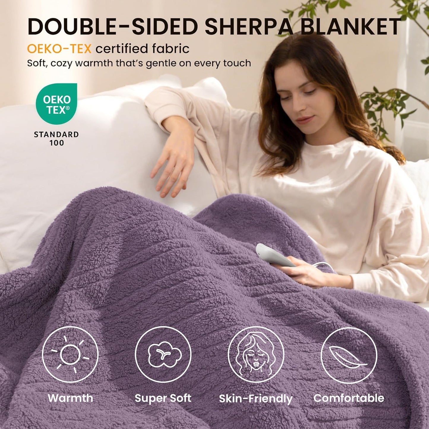 Heated Blanket Electric Blanket King - Fast Heating Blanket Throw Dual Control Double Sided Sherpa with 10 Heating Levels & 2-10 Hours Auto Off, Mashine Washable, 90 x 100 Inches, Purple