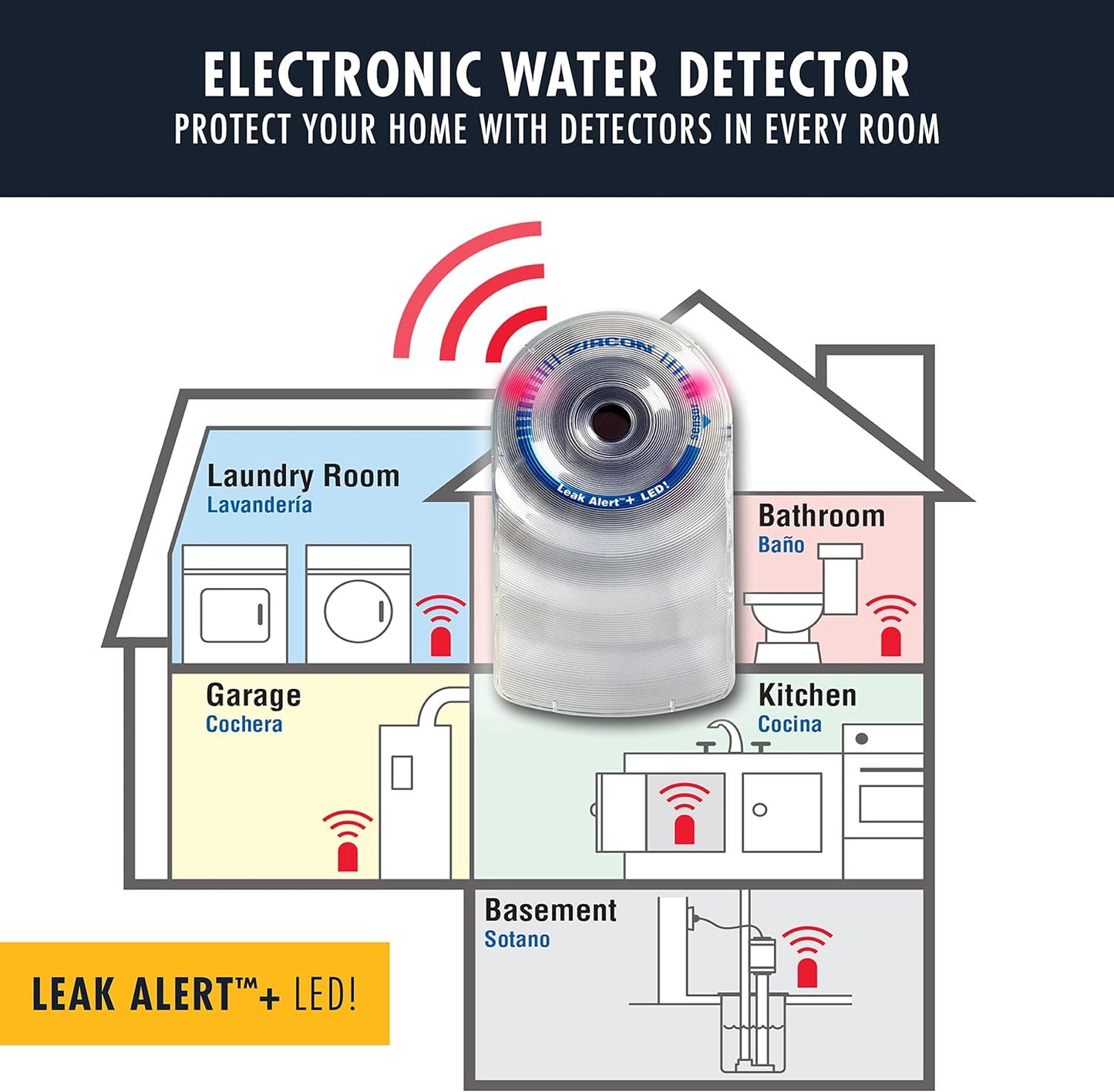 Zircon Leak Alert + LED! Water Leak Detector & Flood Sensor Alarm/Water Leak Sensor with Dual Leak Alarms 90dB Audio + Flashing LED lights/Battery Powered (5 Pack) Batteries Not Included, (72313)