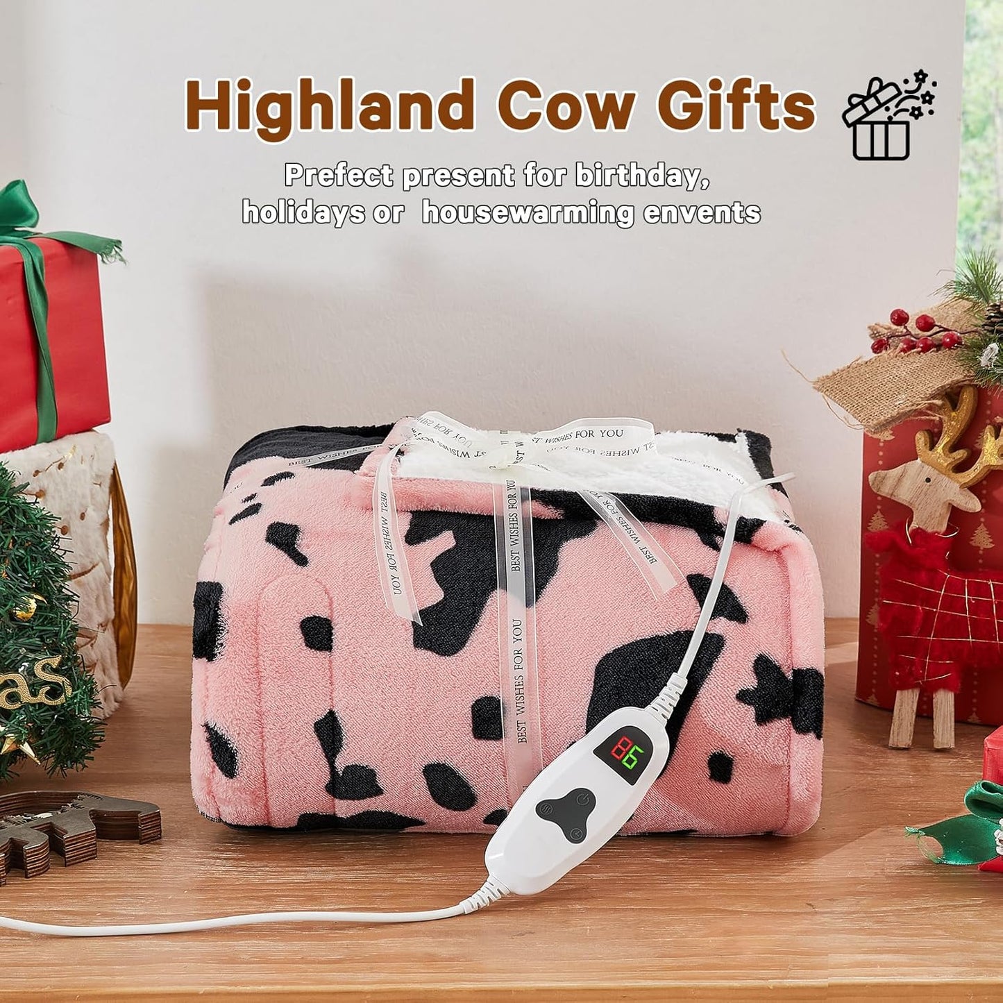 Cow Print Heated Electric Blanket Throw,50X60 Light Pink Heating Blanket with 10 Heats Levels & 8 Hours Auto Off,Highland Cow Stuff Fleece Sherpa Blankets Warmer Gifts for Women Adults Washable