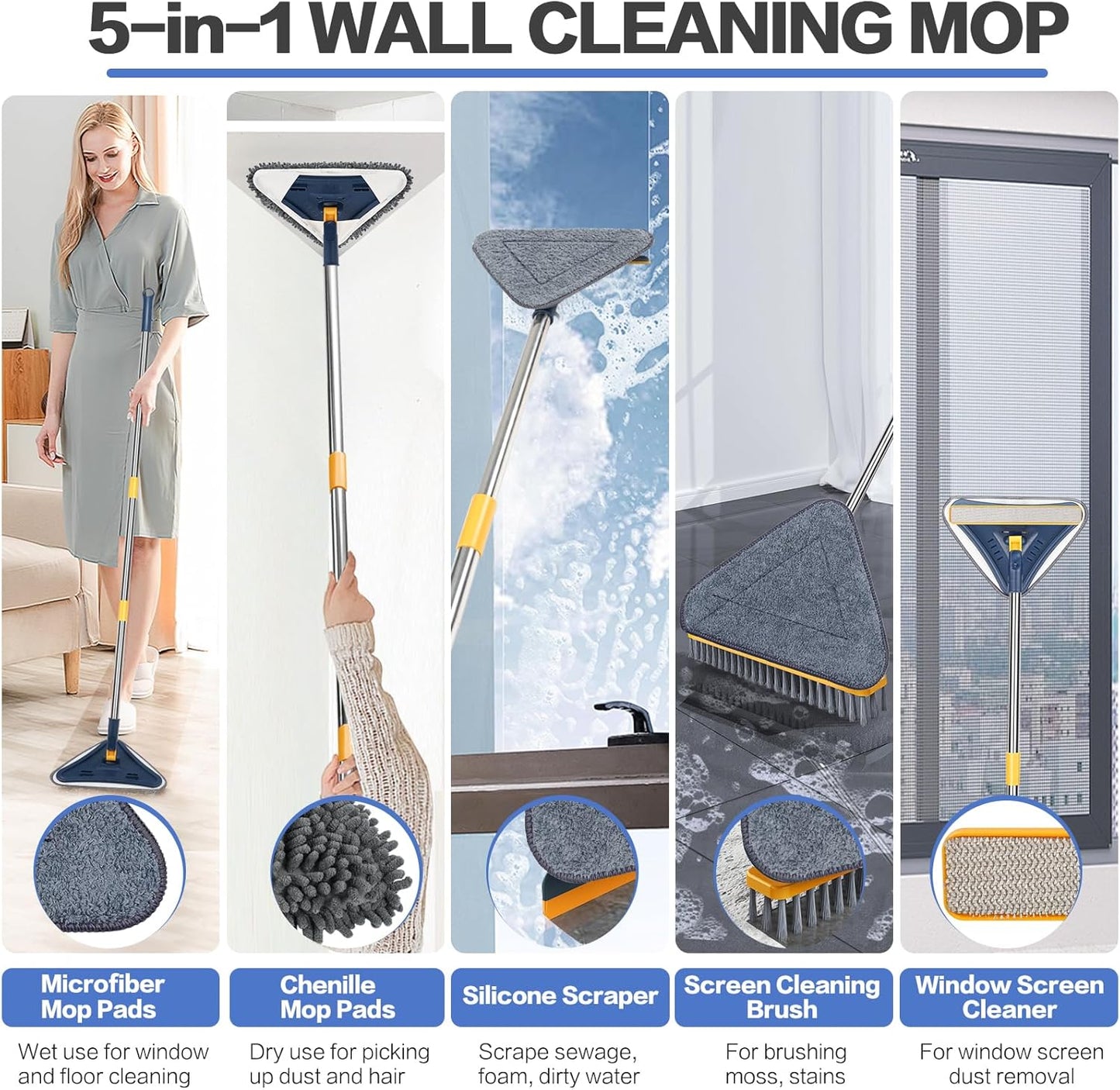 80" Wall Cleaner Mop with Long Handle, Sunoyar 5-in-1 Walls Washer for Baseboard Duster Ceiling Painted Wall, 360°Rotation Wall Cleaning Tool Kit with Squeegee Chenille Microfiber Pad Brush Scraper