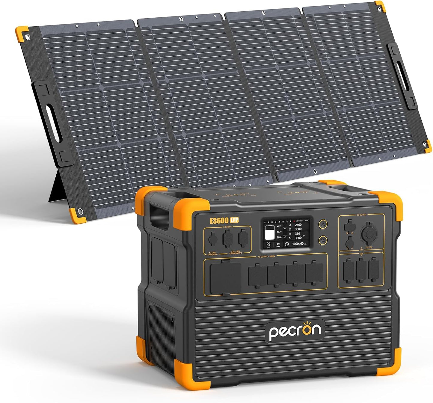 pecron Solar Generator E3600LFP 3072Wh with 300W Solar Panel, 5x3600W AC Outlets Portable Power Station, LiFePO4 Battery Backup Expanded to 15.36KWh, Power Station for Home Use, RV, Camping, CPAP