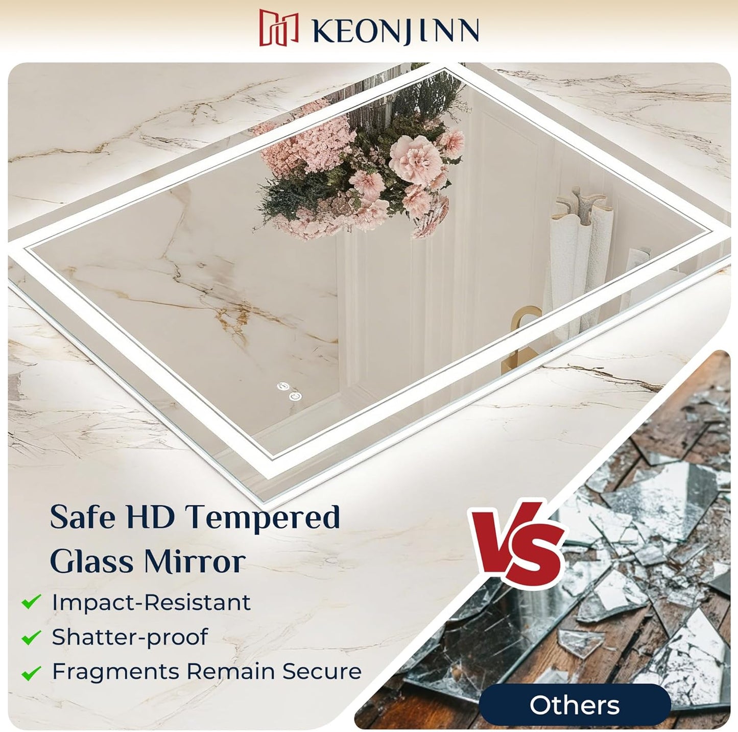 Keonjinn 60" x 36" LED Mirror for Bathroom, Frontlit & Backlit Mirror with Lights, HD Tempered Glass, Defogging, 3 Color Lights, Dimmable, UL-Listed LED Driver, Memory Function