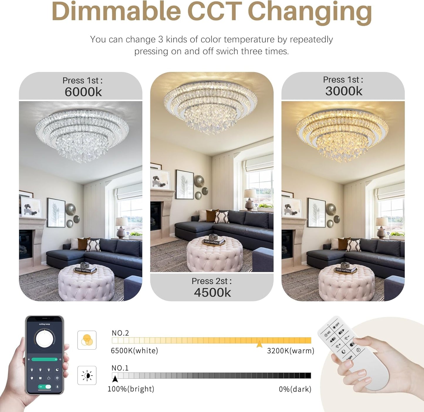 COCOSTAR 30 inch Flush Mount Crystal Chandeliers with Remote and APP, Modern Elegant LED Crystal Raindrop Ceiling Light Fixture, 3CCT Dimmable, for Living Room Kitchen Island Bedroom Entryway Foyer