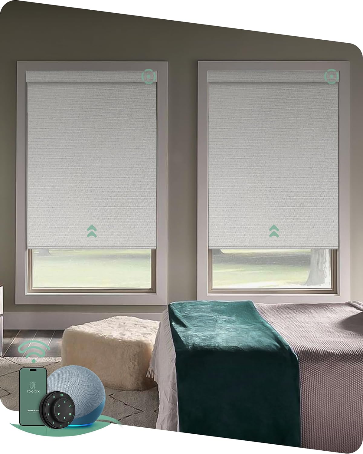 Yoolax Motorized Blinds with Remote, Smart Blinds for Windows Blackout Automatic Shades Work with Alexa Remote Control Roller Window Shades with Valance, Custom Size (Fabric-Greyish White)