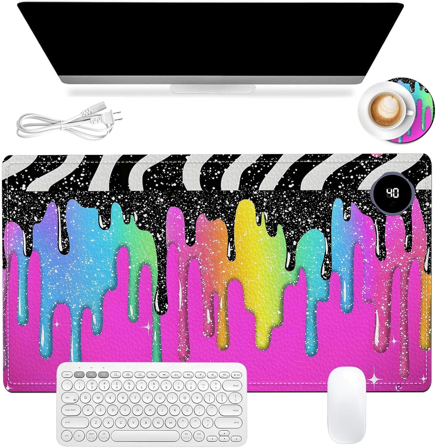 Heated Mouse Pad, Warm Desk Pad, Keyboard Mat 23.6 x 14 Inch Large Size Intelligent Fast Heating, 3 Speed Adjustable, Timed Auto Power Off for Game Office Home, Rainbow Ice Crea