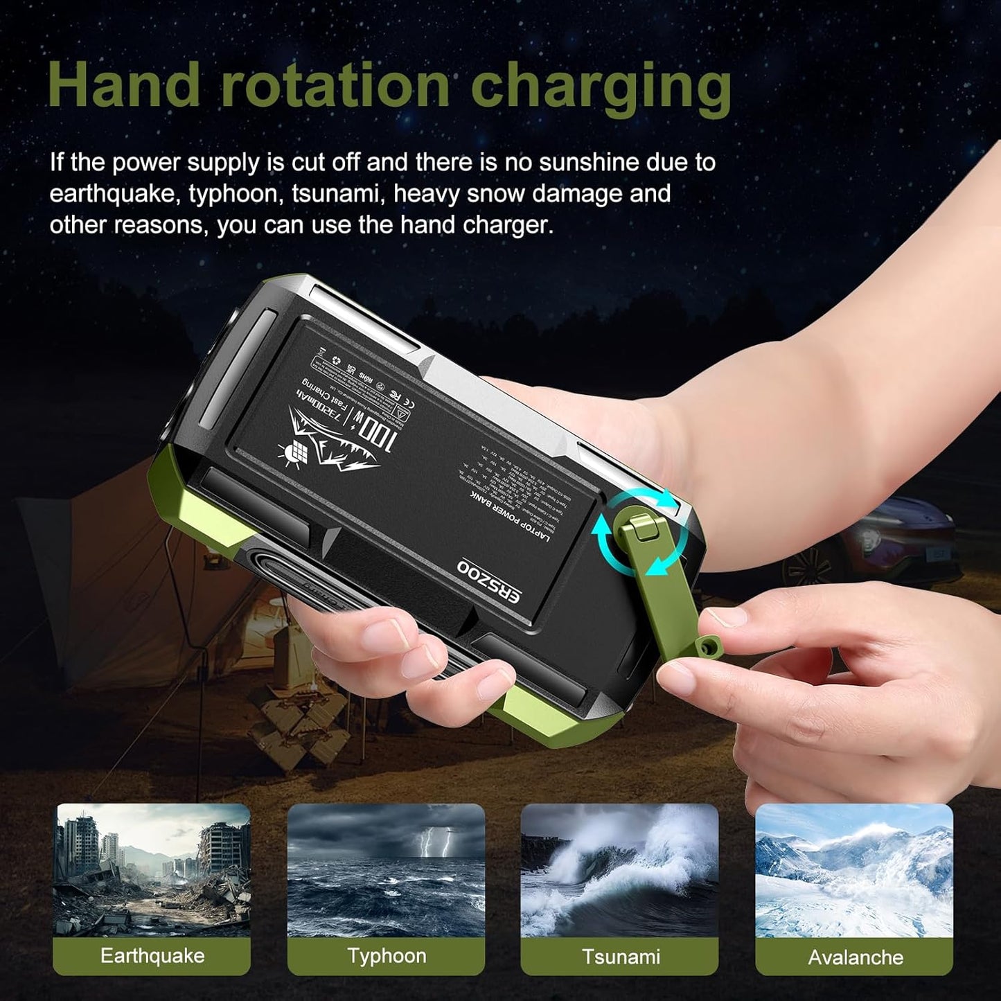 Solar Charger Power Bank 73200mAh, Portable Laptop Charger with 100W USB-C in/Output, Built-in Cables, Hand Crank Power Bank for Mobile Phones, Ideal for Outdoor Use with SOS/Strobe/Strong (green)