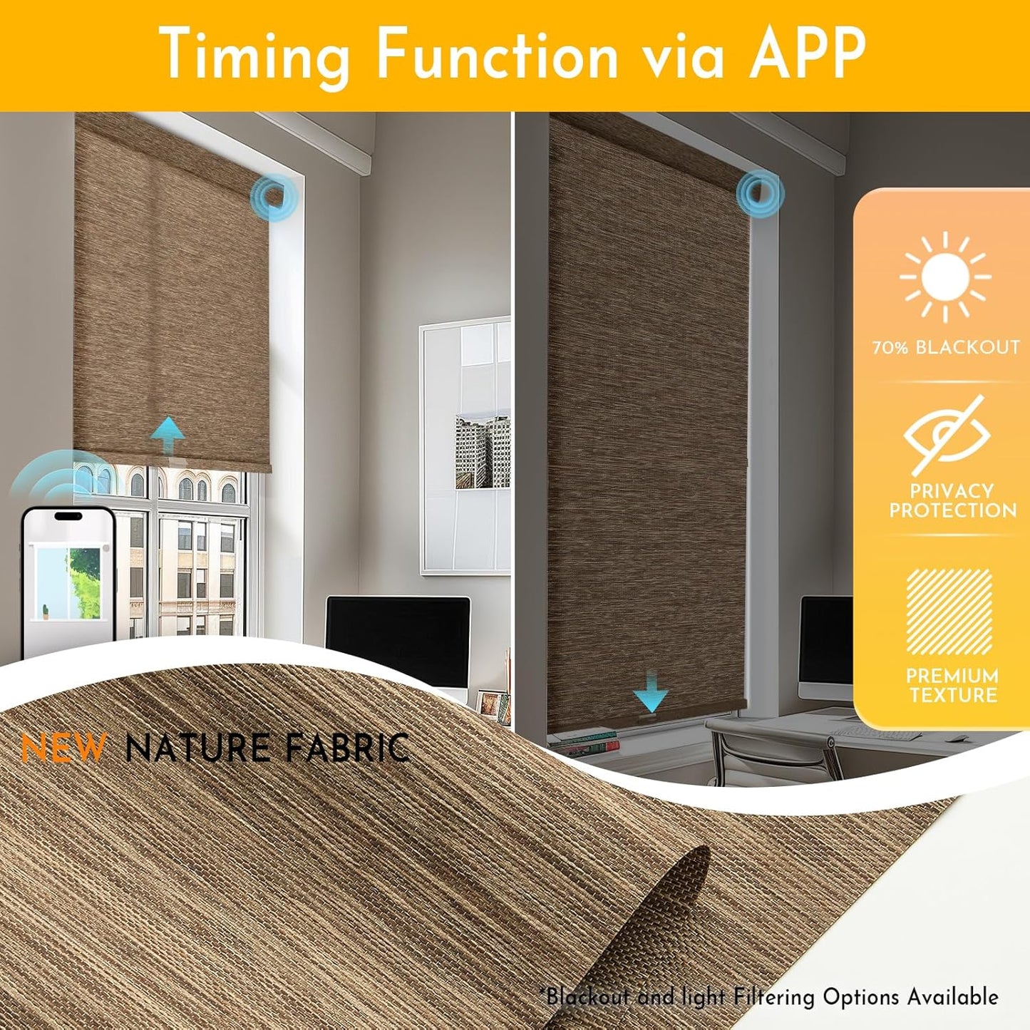 Persilux Smart Motorized Blinds with Remote, No Drill Automatic Roller Shades for Indoor Windows, Light Filtering Linen Fabric, Electric Blinds for Windows, Nature Brown C25-11, Custom Size