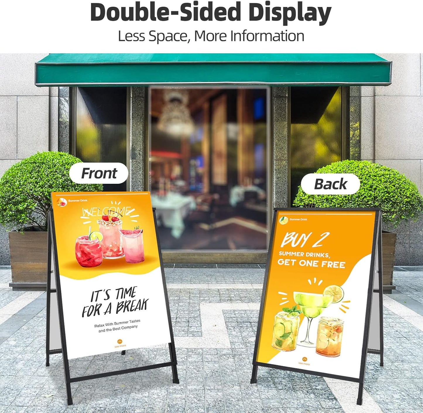 2 Pack Heavy Duty A-Frame Sidewalk Sign 24 x 36 Inch, Portable Double-Sided Sandwich Board Slide-in Folding Metal Signboard with 4 Plastic Poster Boards