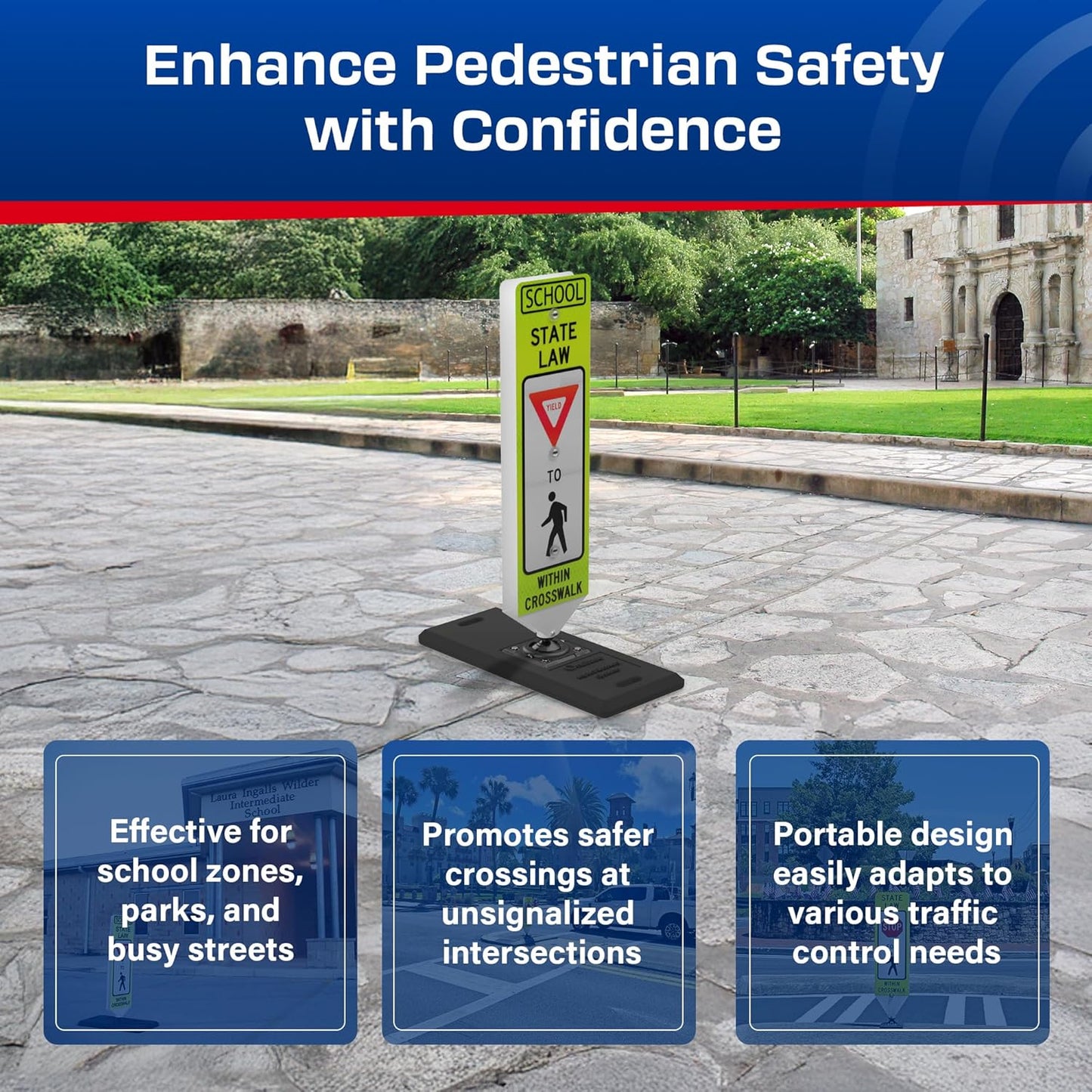 Impact Recovery - In-Street Pedestrian Crossing Signs - Street Sign - Road Safety School Yield Sign with Portable Base