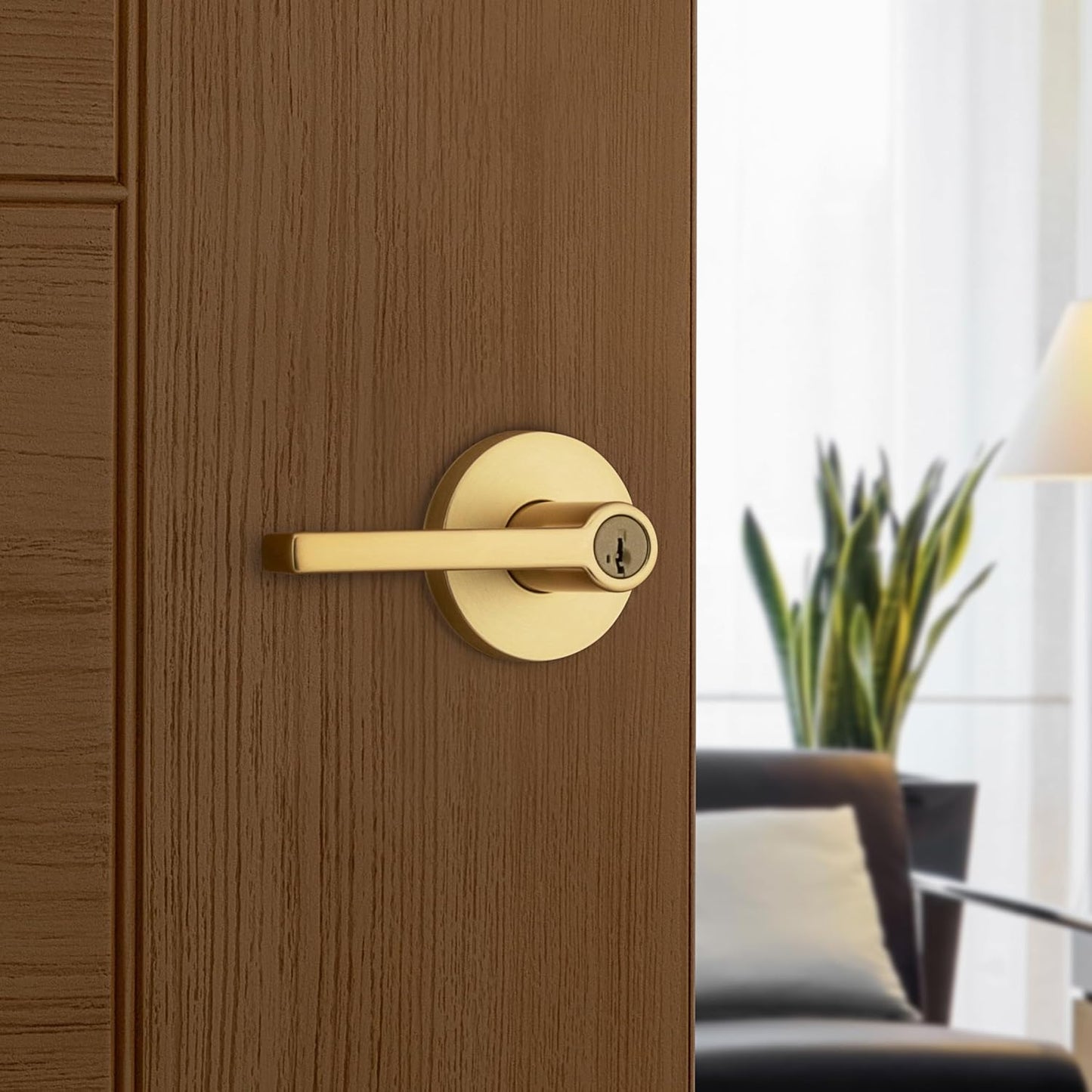 Kwikset Halifax Entry Door Handle with Lock and Key, Secure Keyed Reversible Lever Exterior, for Front Entrance and Bedrooms, Satin Brass, Pick Resistant Smartkey Rekey Security and Microban