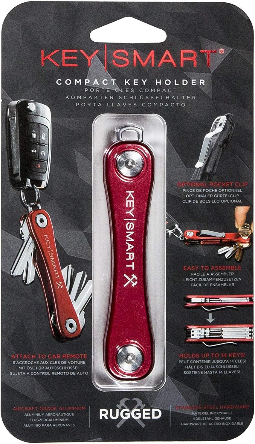 KeySmart Rugged - Multitool Key Holder for Keychain w/Bottle Opener and Pocket Clip, Key Organizer for Key Chain, EDC Keychains, Key Ring for Car Fobs Key Chains, Expandable (Up to 14 Keys, Red)