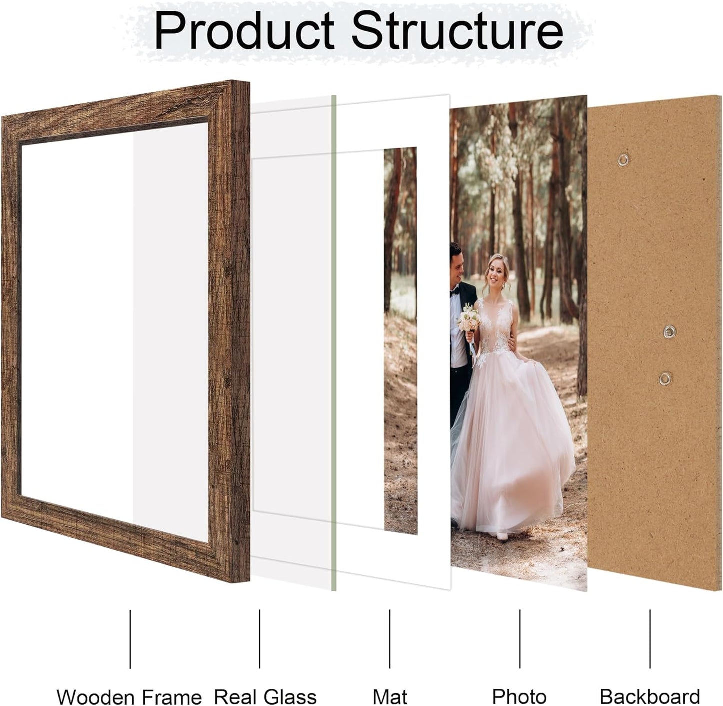 iRahmen 10x14 Picture Frame Set of 4 with Tempered Glass, Rustic Frame Display 8x12 Pictures with Mat or 10 x 14 Without Mat, Wooden Photo Frames for Wall Mounting