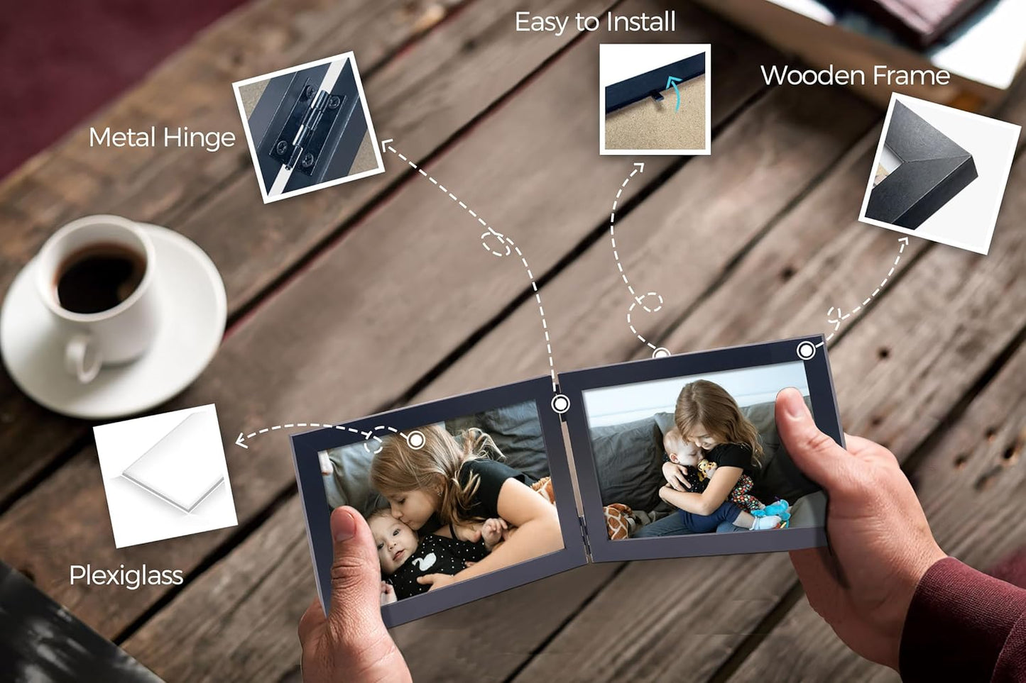 Double 4x6 Horizontal Combo, Black Wood Picture Frame, 3.5x5.5 Opening Foldable Landscape View Photo Frame on Table-top or Wall