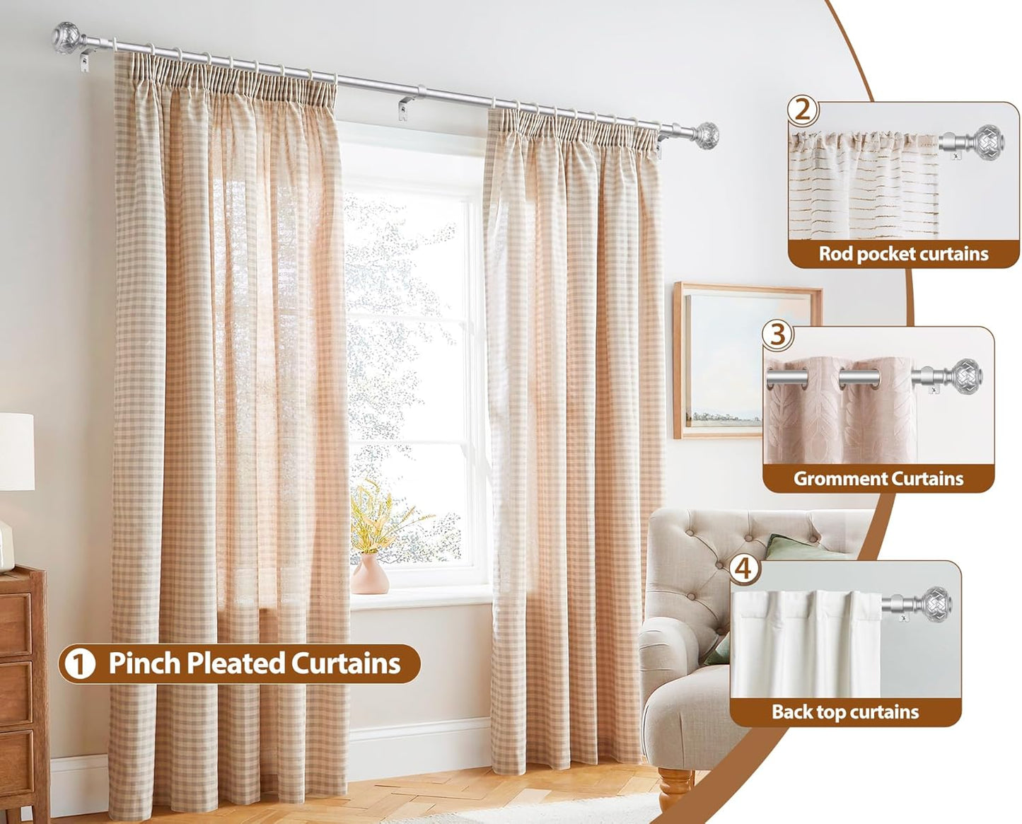 TONIAL Silver Curtain Rod 32 to 120 Inches, 7/8 Adjustable Curtain Rods for Windows 20 to 116 Inches, Splicing Drapery Rods Decorative with Netted Texture Finials