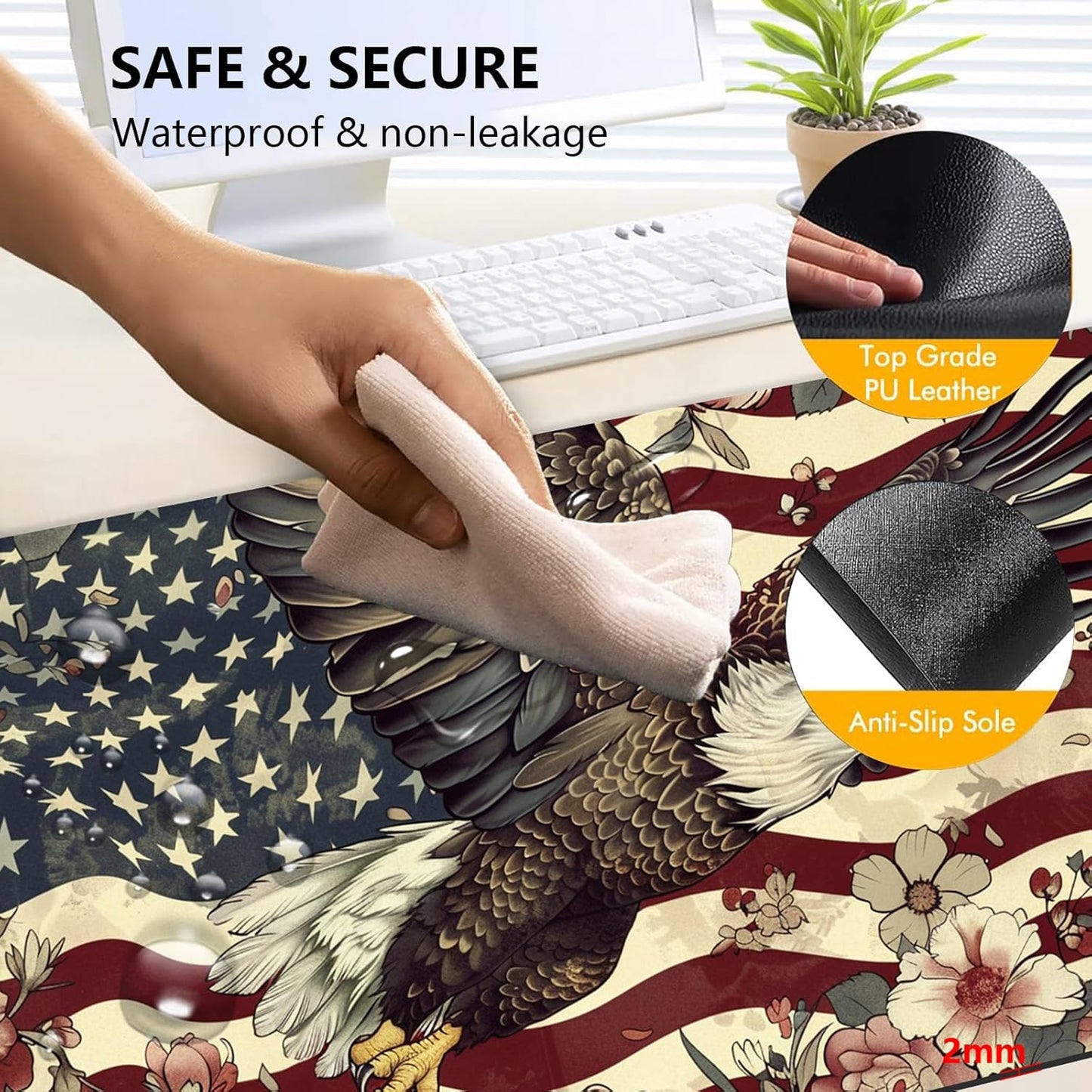 Heated Mouse Pad with 3 Levels Heated & 3 Hours Auto Shut-Off Mouse Pad for Warming Hands in Office Home, 31.5" x 13"Large Safe Desk Mat Hand Warmer，Flying Eagle Flag Flowers