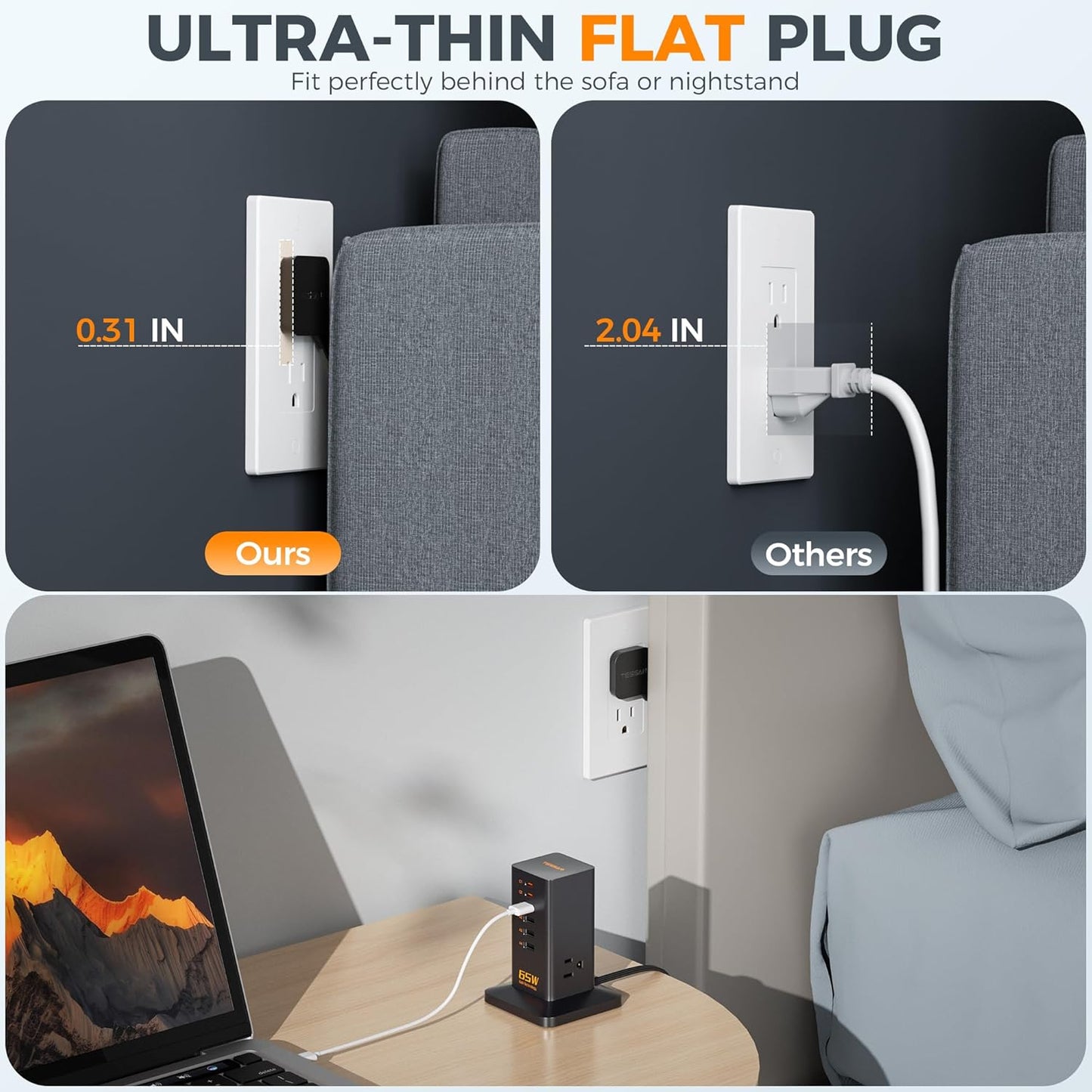 USB Charging Station for Multiple Devices PD 65W, TESSAN 9-in-1 USB C Charger Block for iPhone 17/16/15, MacBook, Tablet, Type C Desktop Charger with 3 AC, Home Travel Office Accessories